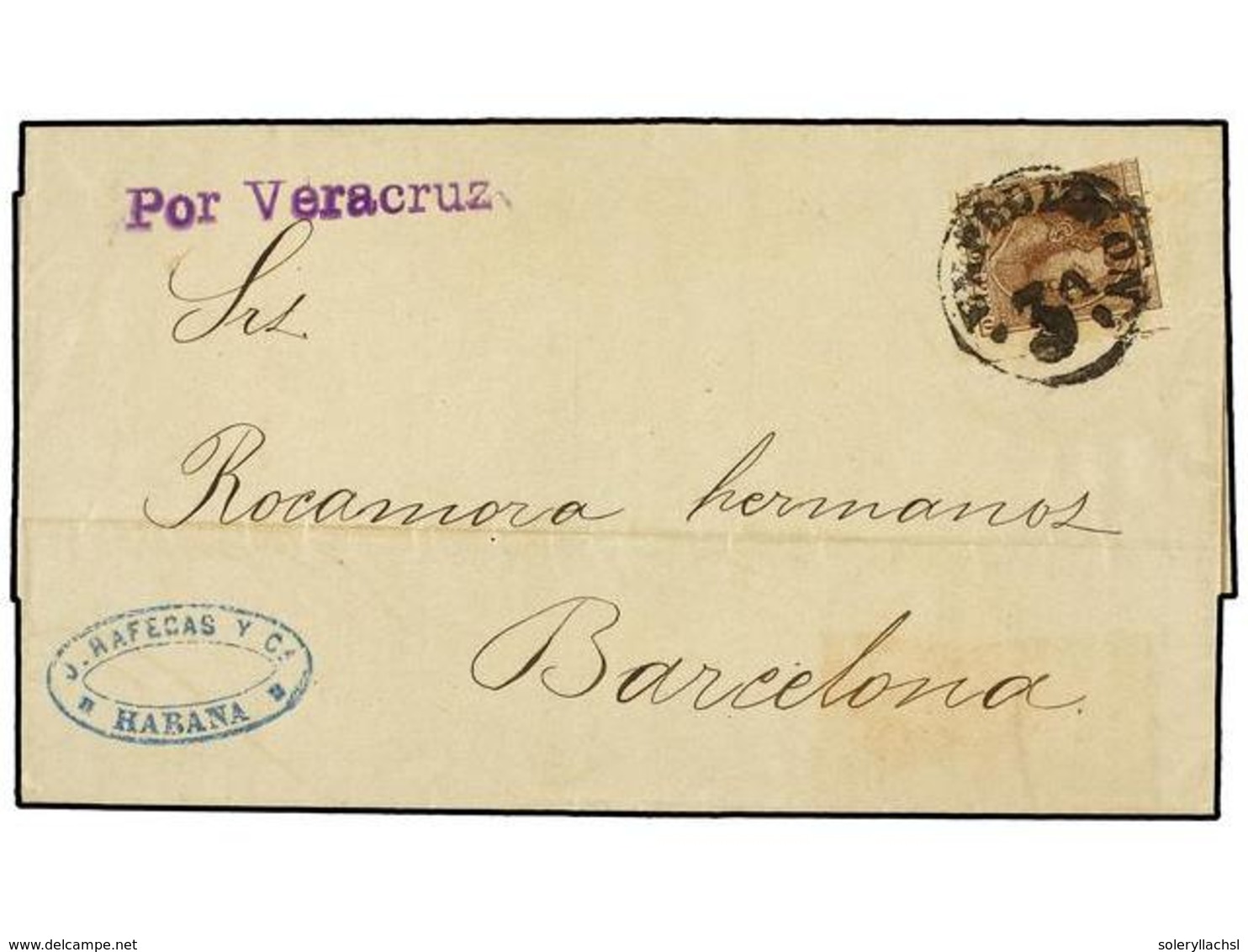 CUBA. Ed.102F. 1887. HABANA A BARCELONA. 10 Cts. Castaño FALSO POSTAL. Mat. EXPEDICION/3A. MUY RARO Matasellos Y Más Sob - Altri & Non Classificati