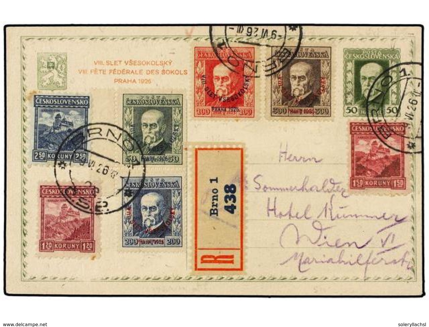 CHECOSLOVAQUIA. Mi.212/15. 1926. BRNO To WIEN. Complete Set On 50 Heller Postal Stationary. Arrival On Reverse. - Altri & Non Classificati