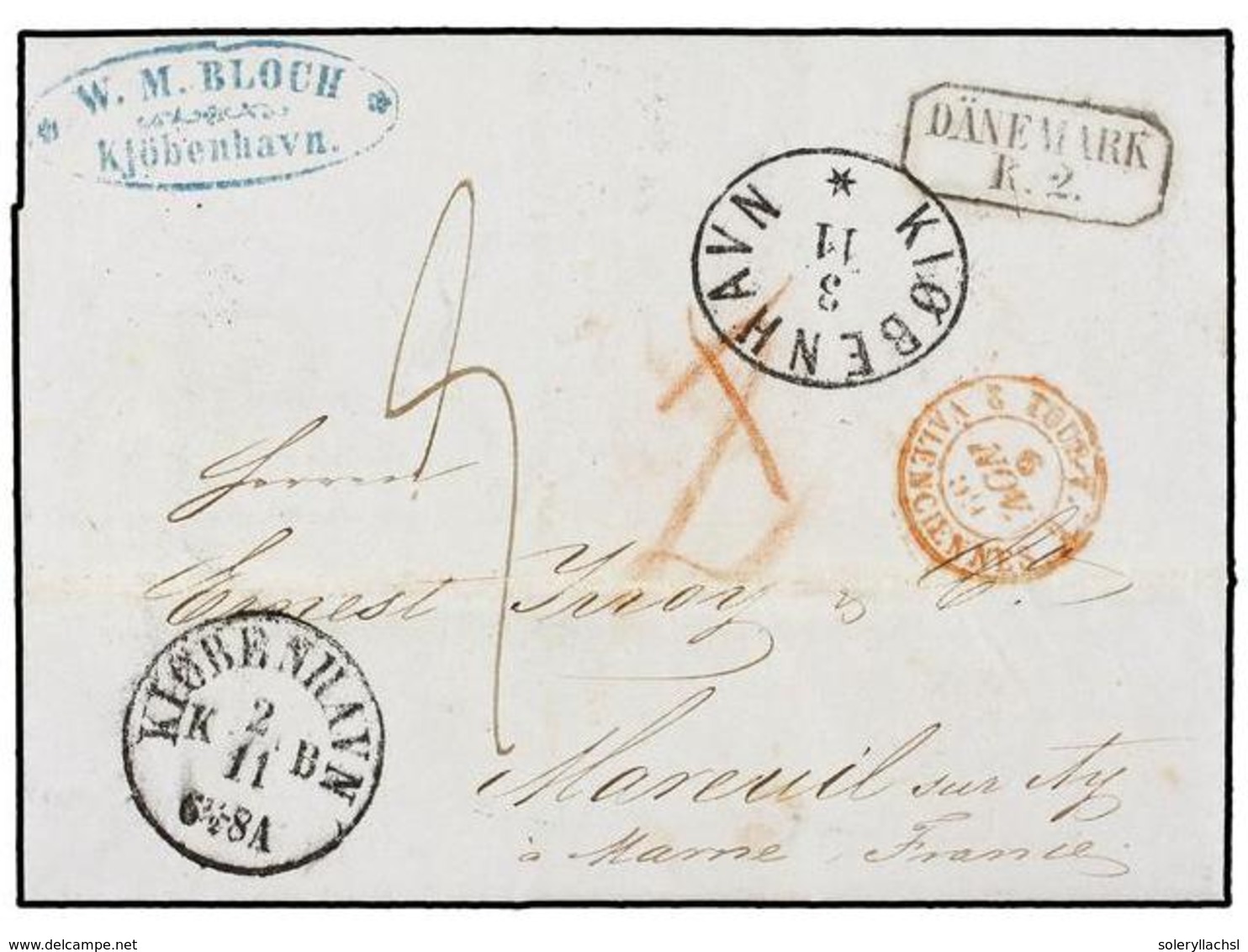 DINAMARCA. 1859. COPENHAGEN To FRANCE Via Hamburg With DÄNEMARK/R.2 Exchange Mark (Van Der Linden 904). - Sonstige & Ohne Zuordnung