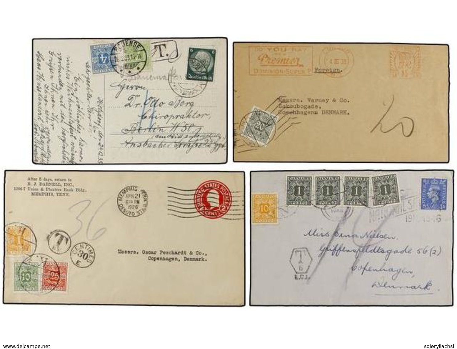 DINAMARCA. 1922-46. Conjunto De 7 Cartas O Tarjetas Postales Circuladas Desde El Extranjero, Tasadas A La Llegada Con Se - Otros & Sin Clasificación