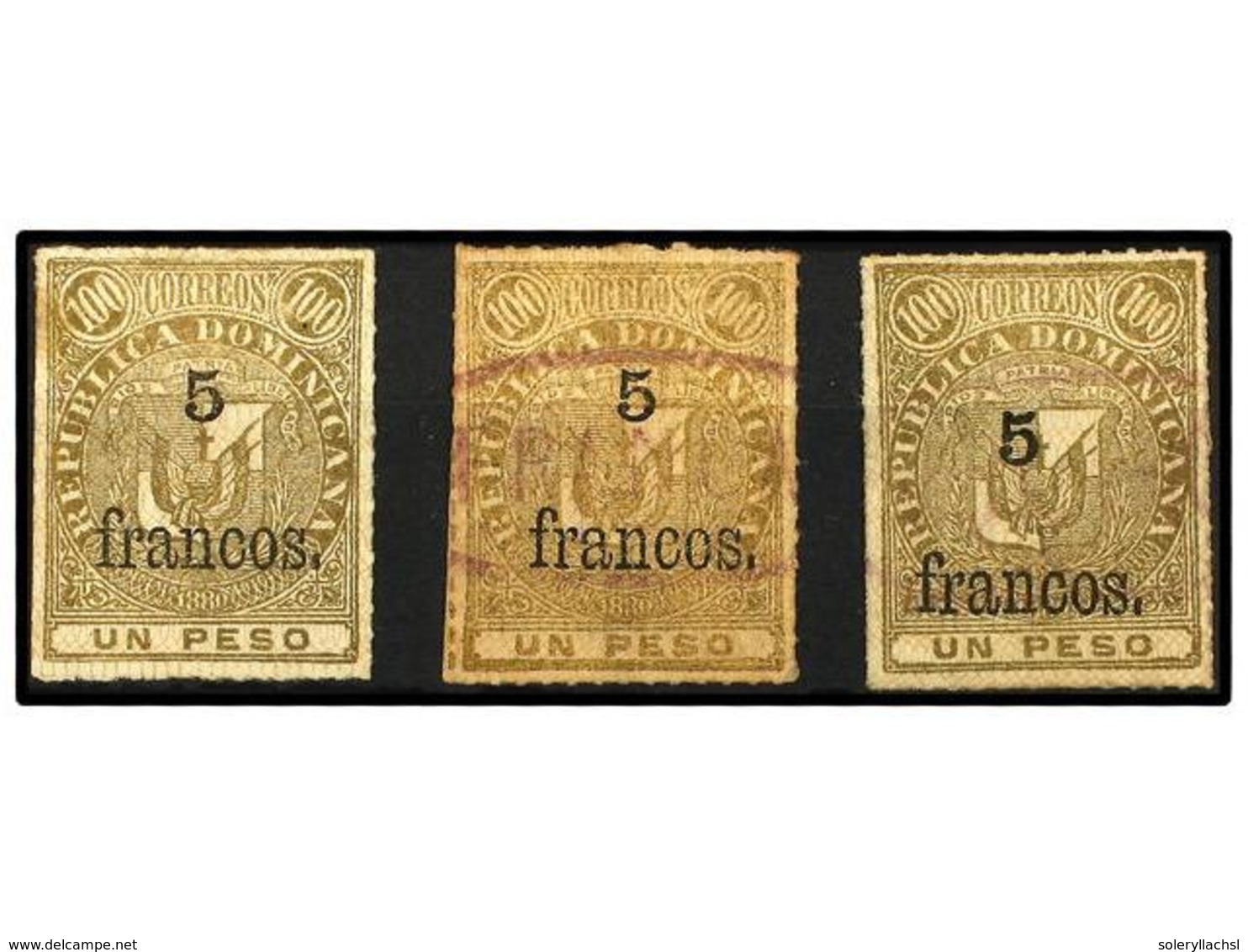 */° REPUBLICA DOMINICANA. Yv.60 (3). 1883. 5 Francos S. 1 Peso Bronce Dorado, Sello Nuevo Y Dos En Usado, Uno Con F. Blo - Altri & Non Classificati