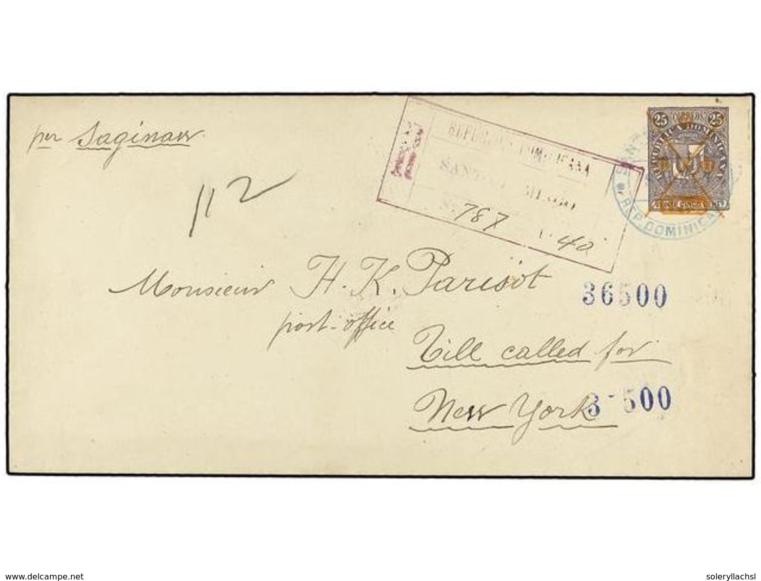 REPUBLICA DOMINICANA. 1891. SANTO DOMINGO A NEW YORK. Entero Postal De Tamaño Grande (186 X 95 Mm.) De 1 Peso S. 25 Cts. - Sonstige & Ohne Zuordnung