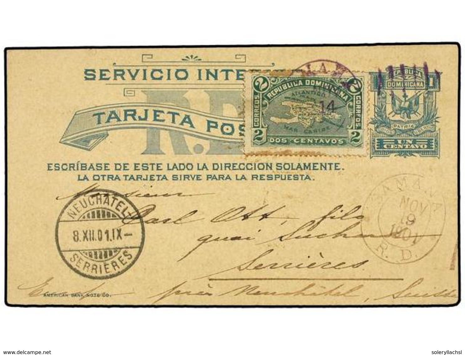 REPUBLICA DOMINICANA. Sc.114. 1901. SAMANA A SUIZA. Entero Postal De 1 Ctvo. Verde Con Franqueo Adicional De 2 Ctvos. Ve - Altri & Non Classificati