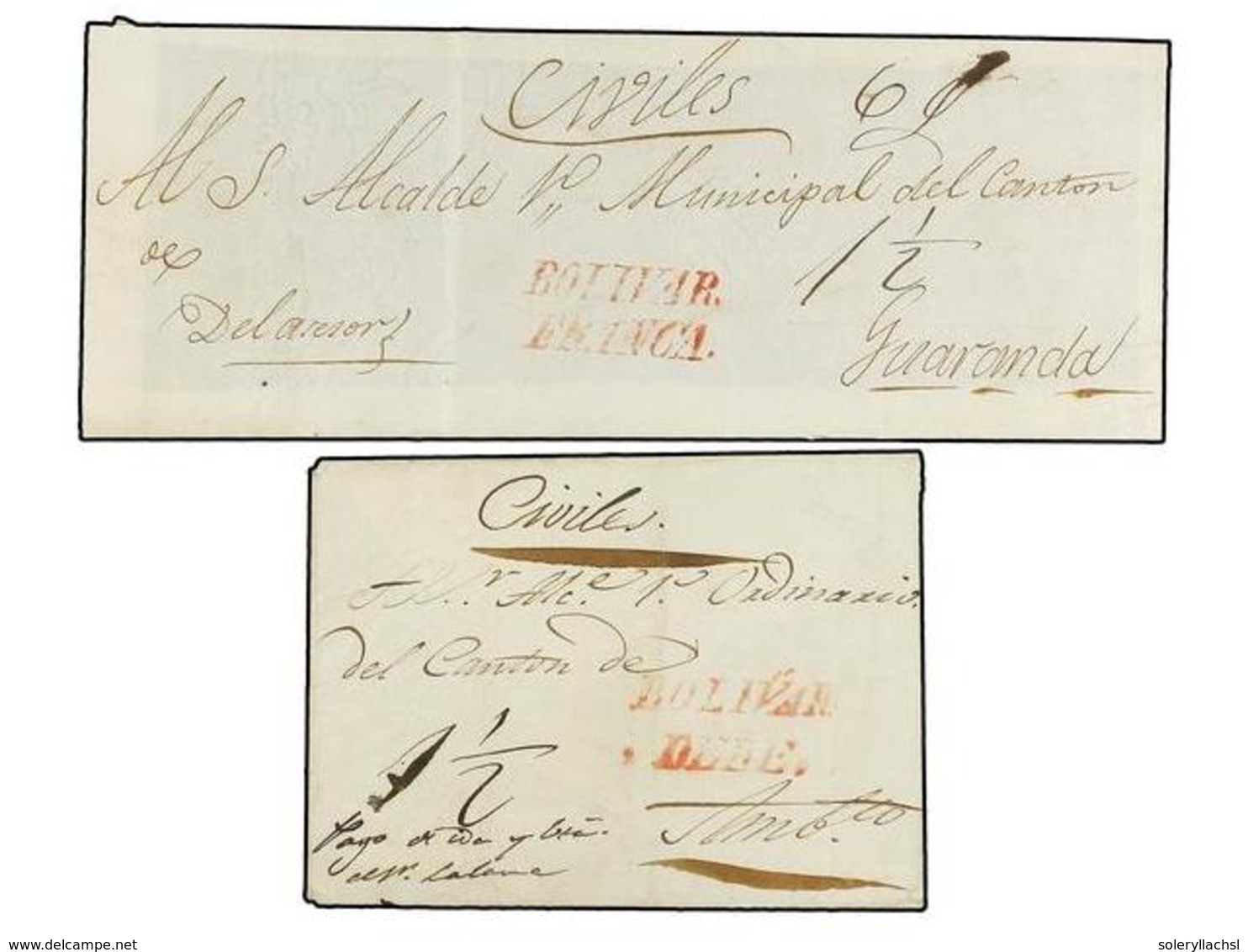 ECUADOR. (1845 CA.). Dos Cartas Con Marcas BOLIVAR/DEBE Y BOLIVAR/FRANCA Ambas En Rojo. - Andere & Zonder Classificatie