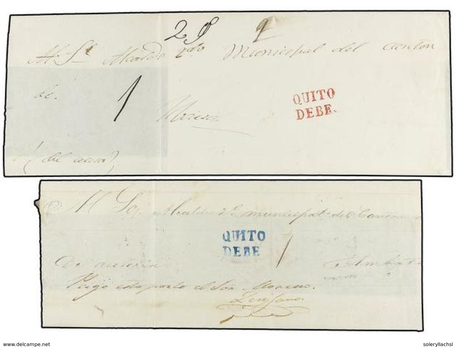 ECUADOR. (1850 CA.). Dos Cartas Circuladas Con Las Marcas QUITO/DEBE En Azul Y Rojo. - Sonstige & Ohne Zuordnung