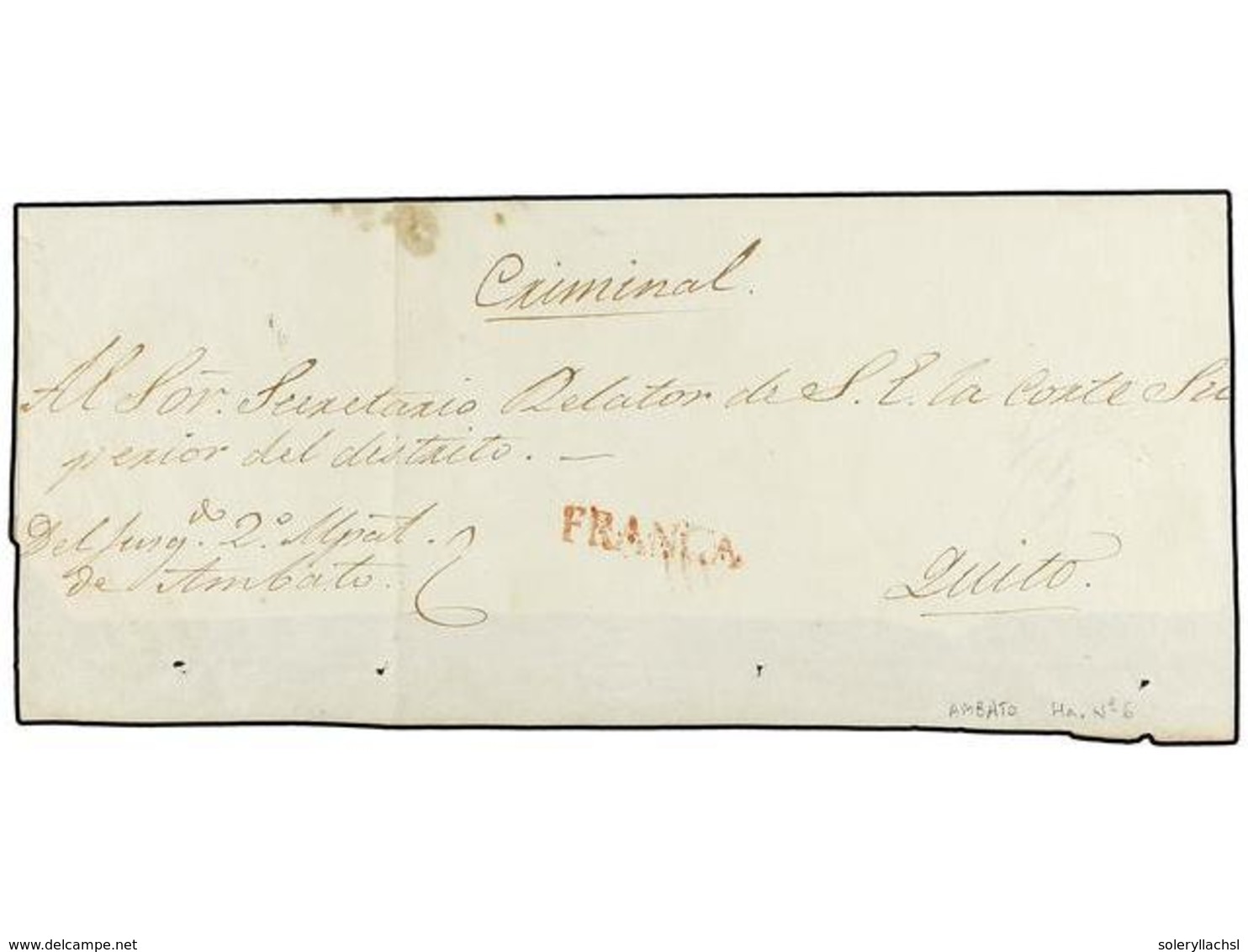 ECUADOR. 1855. AMBATO A QUITO. Marca Lineal FRANCA En Rojo De Ambato. - Altri & Non Classificati