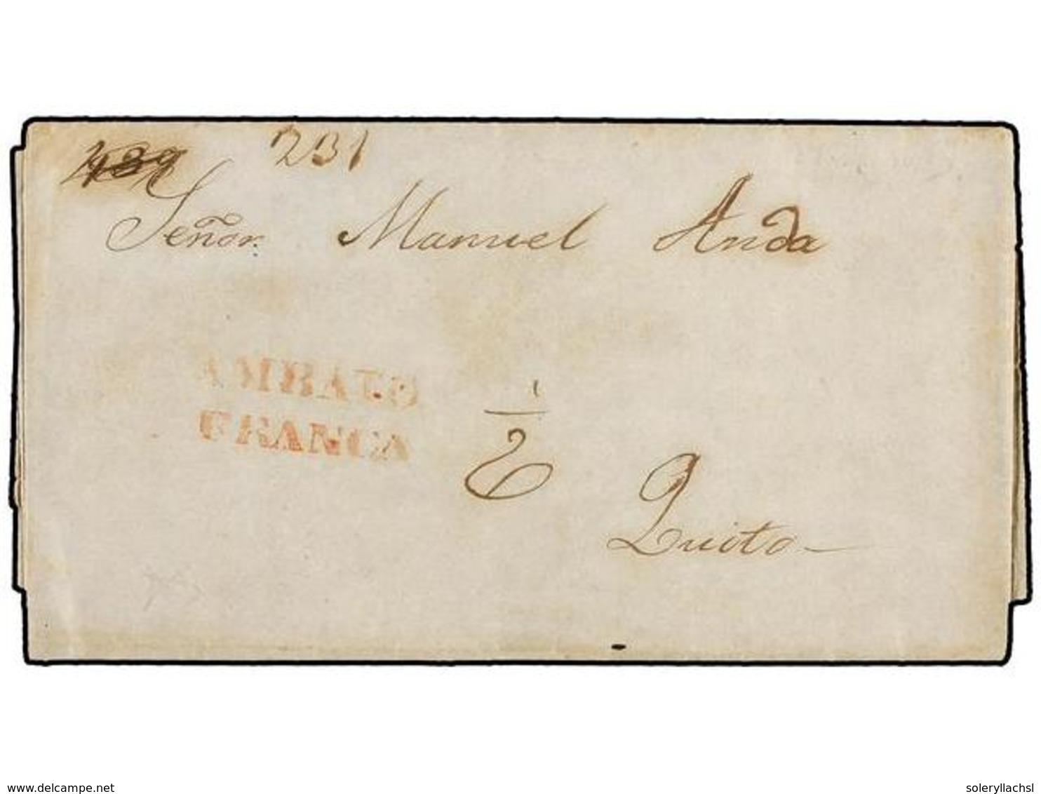 ECUADOR. 1859. AMBATO A QUITO. Carta Completa Con Texto, Marca AMBATO/FRANCA Y Tasa De 1/2 Real. Raras Las Cartas Comerc - Andere & Zonder Classificatie