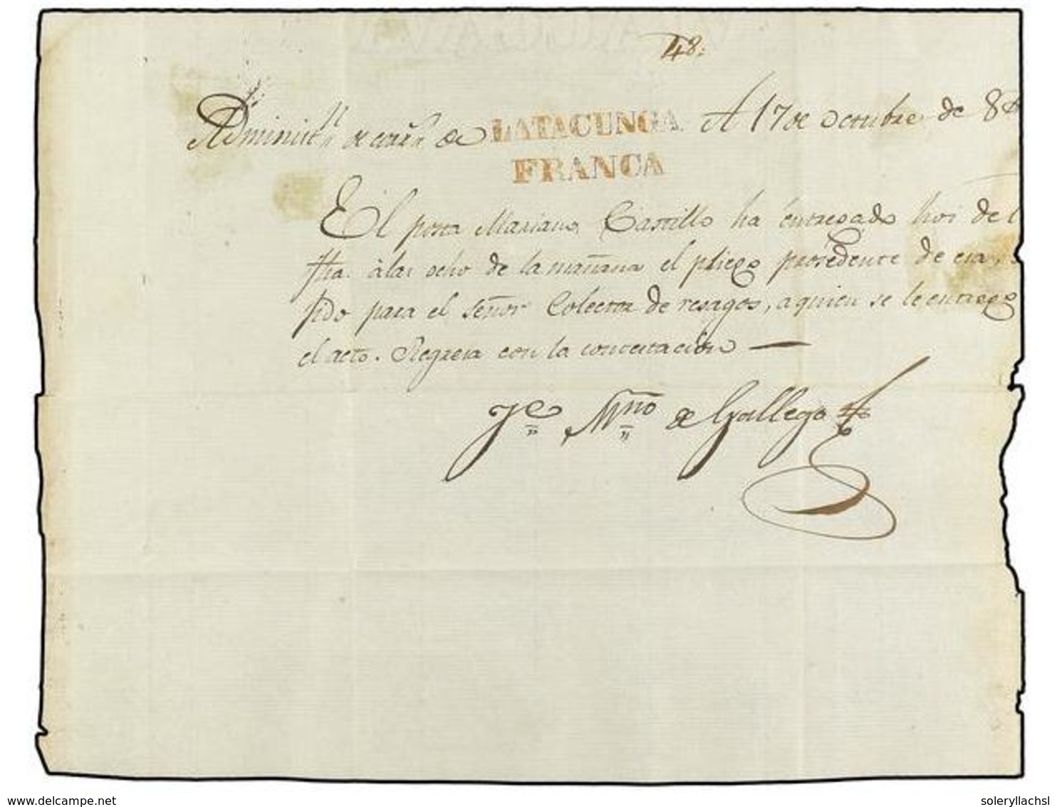 ECUADOR. (1840 CA.). RECIBO DE ENCOMIENDA Con La Marca LATACUNGA/FRANCA En Rojo. Raro Recibo Postal. - Altri & Non Classificati