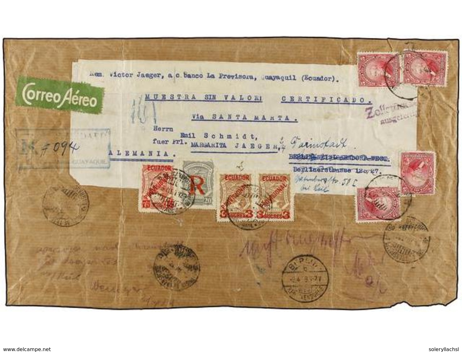 ECUADOR. Sc.C2, C5 (2). 1928. GUAYAQUIL A ALEMANIA. Frente De Paquete Postal Franqueado Con Sellos De 5 Ctvos. Rojo (4)  - Sonstige & Ohne Zuordnung