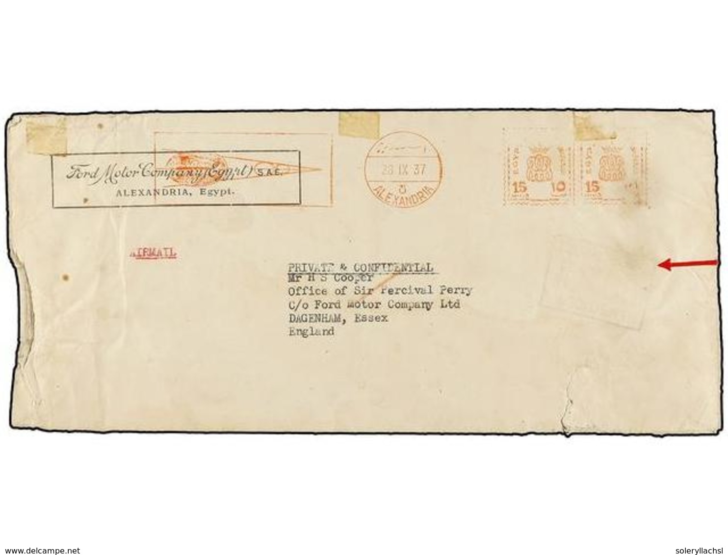 EGIPTO. 1937. ALEXANDRIA To ENGLAND. CRASH MAIL. Envelope Crashed At Phaleron Bay (Greece). Cachet DEMAGED BY SEA WATER  - Sonstige & Ohne Zuordnung