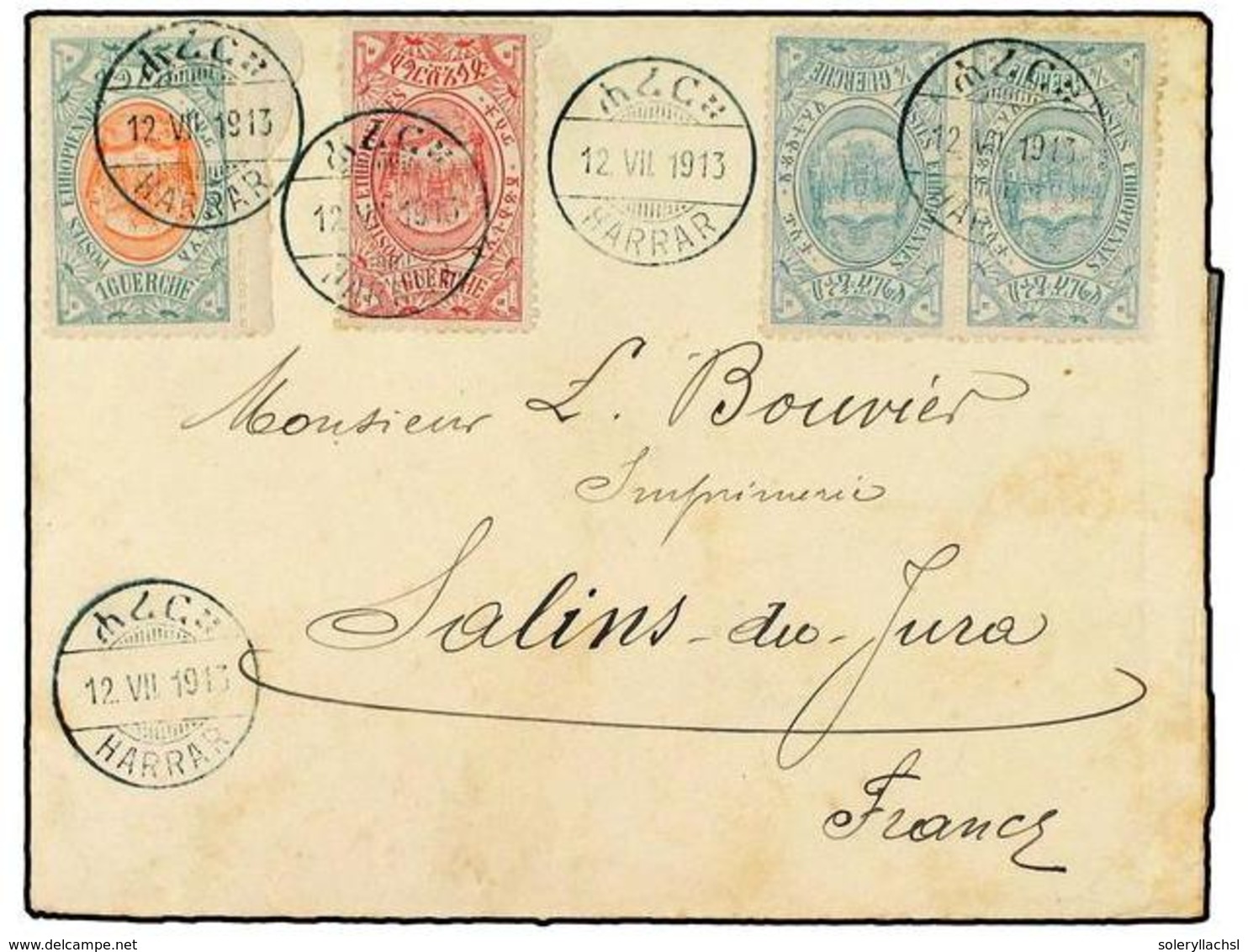 ETIOPIA. 1913 (July 12). Cover To FRANCE At 2 G. Rate Bearing 1909 Pair Of 1/4 G. Blue Green, 1/2 G. Red And 1 G. Green  - Altri & Non Classificati
