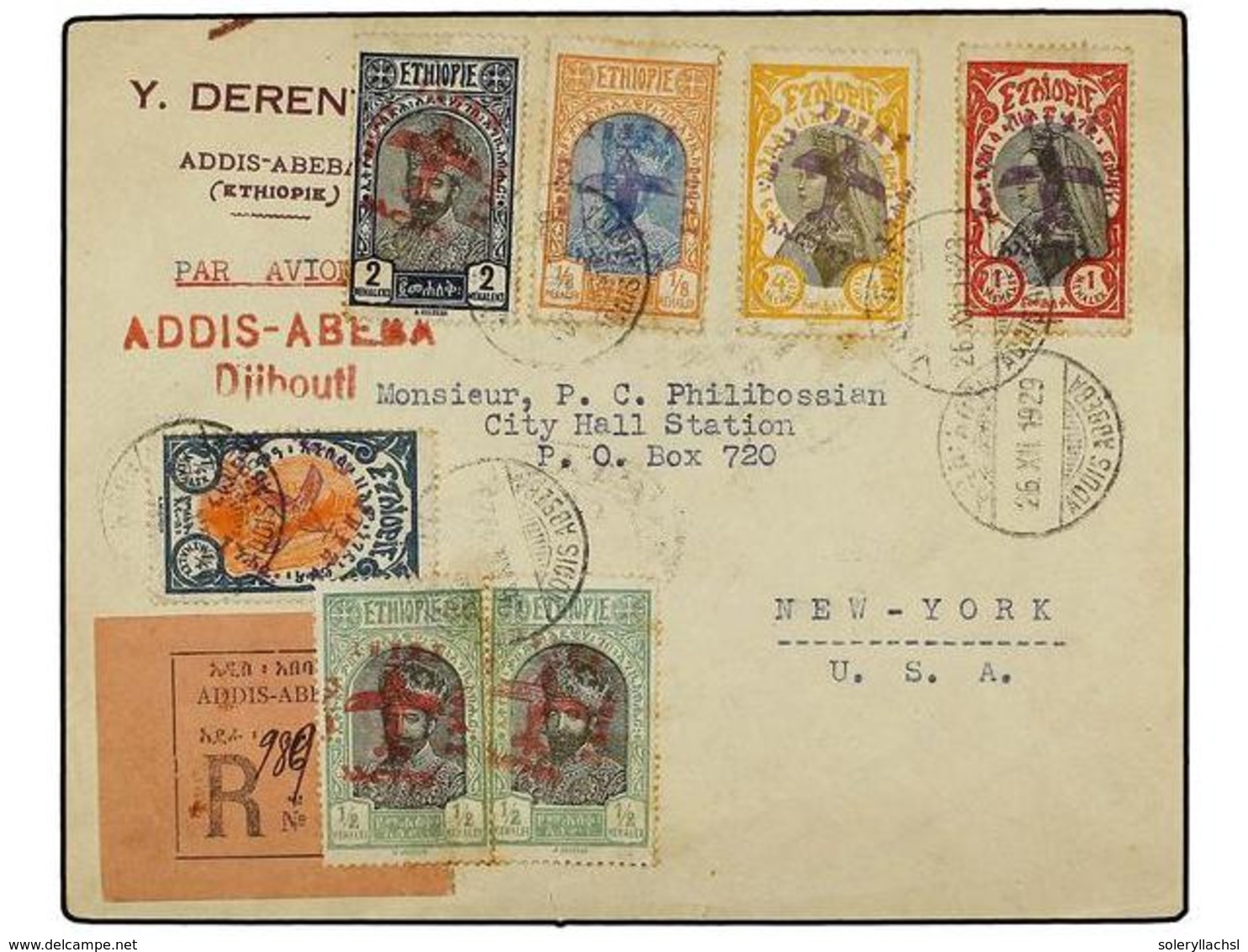 ETIOPIA. 1929 (26-XII). ADDIS To NEW YORK Via Djibouti. FIRST FLIGHT. Franked By Type 3 Mixed Colours Overp. With Djibou - Altri & Non Classificati