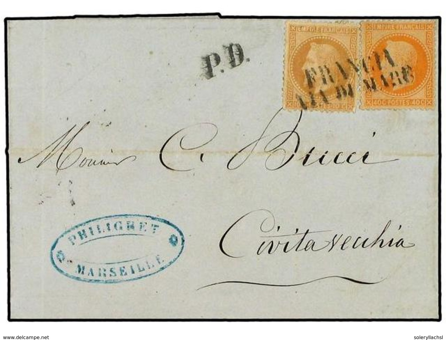 FRANCIA. Yv.28,31. 1869. MARSELLA A CIVITA-VECHIA.10 Cts. Bistre Y 40 Cts. Naranja. Mat. FRANCIA/VIA DI MARE (Salles 659 - Sonstige & Ohne Zuordnung