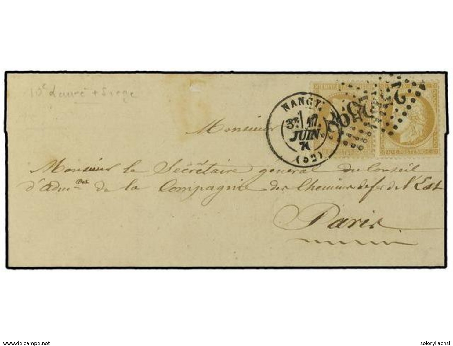 FRANCIA. 1870 (June 17). Cover Addressed To Railway Company Of The East In Paris Franked By Unusual Usage Of Ceres Siège - Sonstige & Ohne Zuordnung