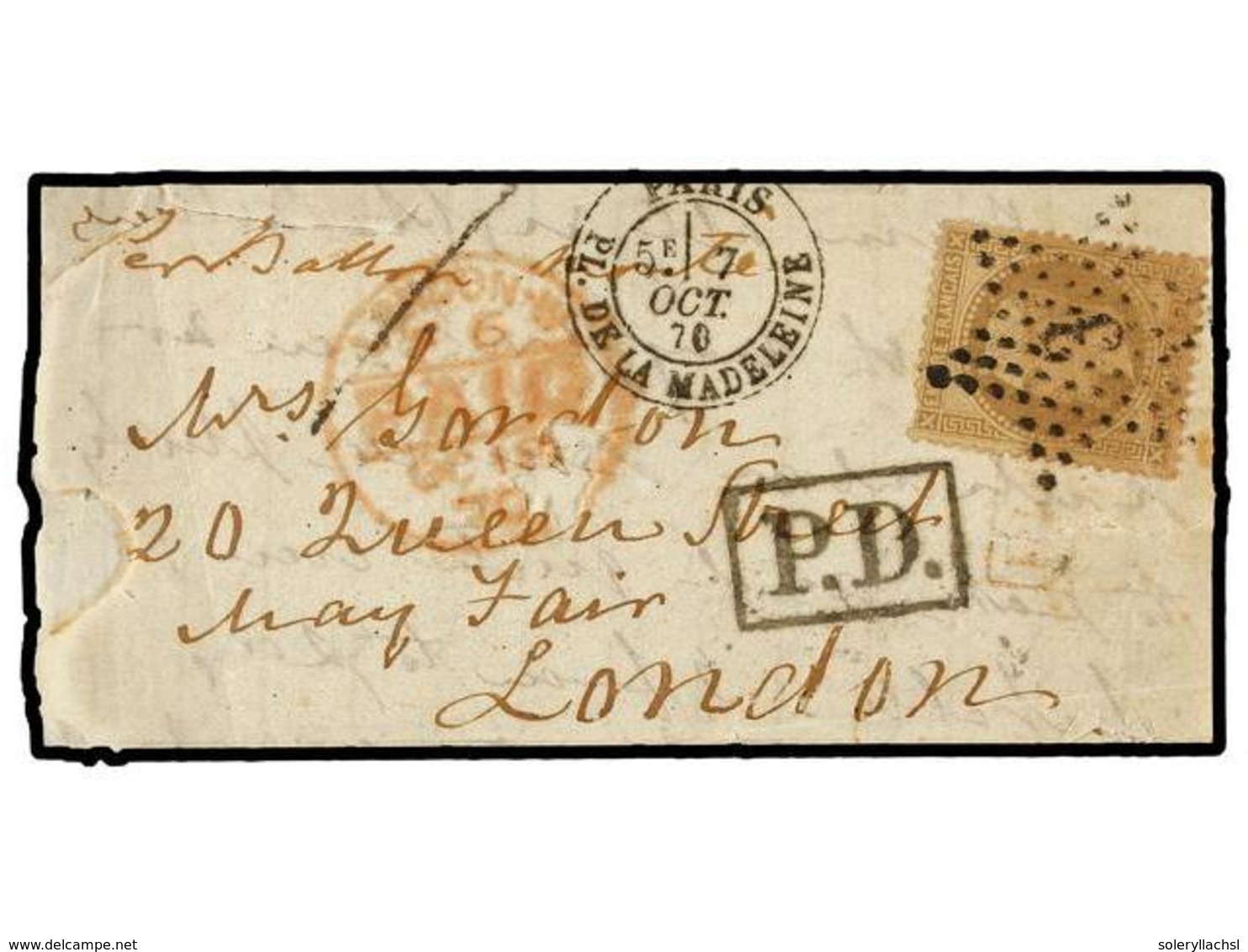 FRANCIA. 1870 (Oct. 7). PARIS To LONDON. BALLOON 'NON DENOMMÉ Nº 2'. Entire Franked With 30 Cts. Brown Star '3' And PARI - Altri & Non Classificati