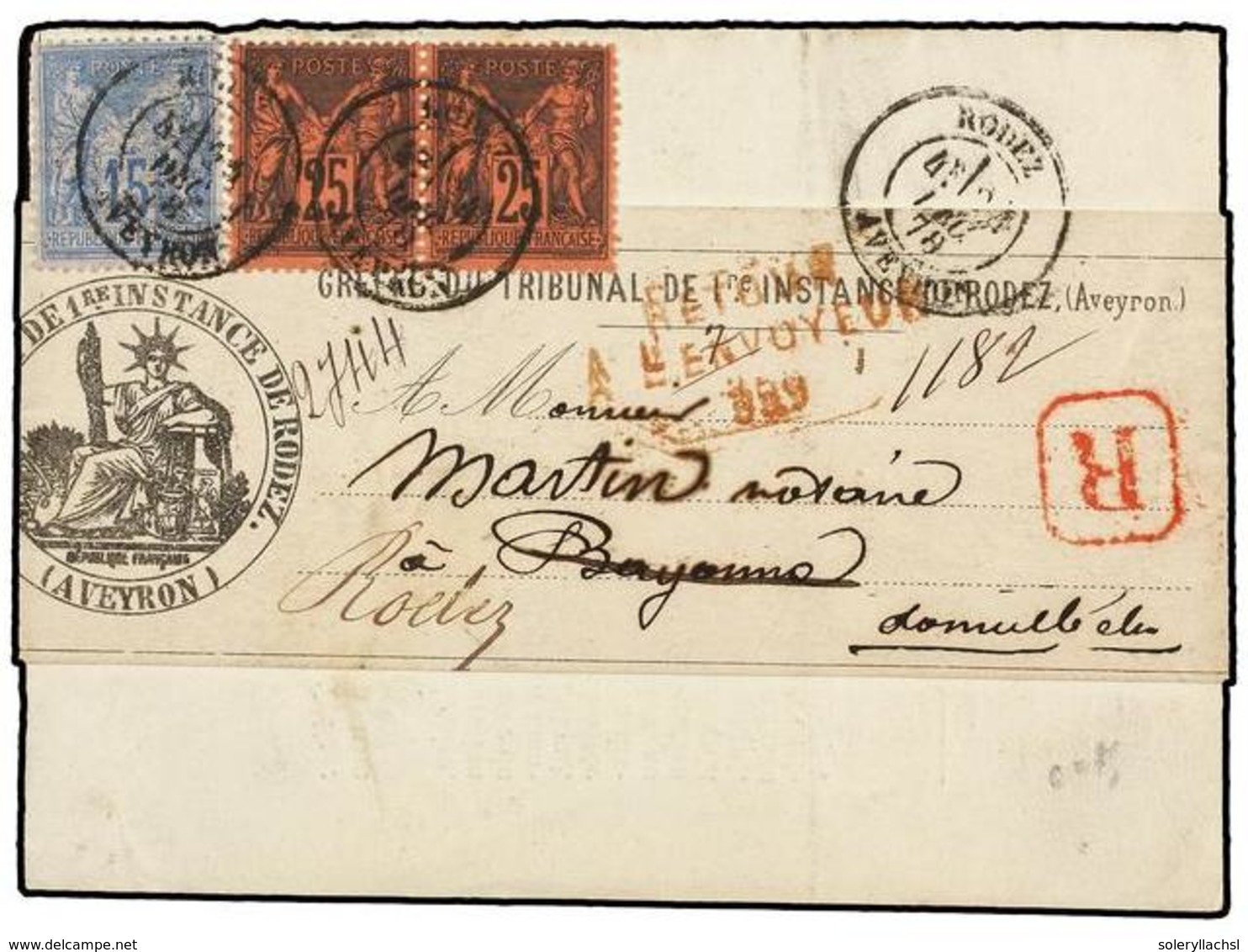 FRANCIA. Yv.90, 91 (2). 1879. RODEZ A BAYONA. Faja De Impresos Circulada Por Correo Certificado Con Sellos De 15 Cts. Az - Sonstige & Ohne Zuordnung