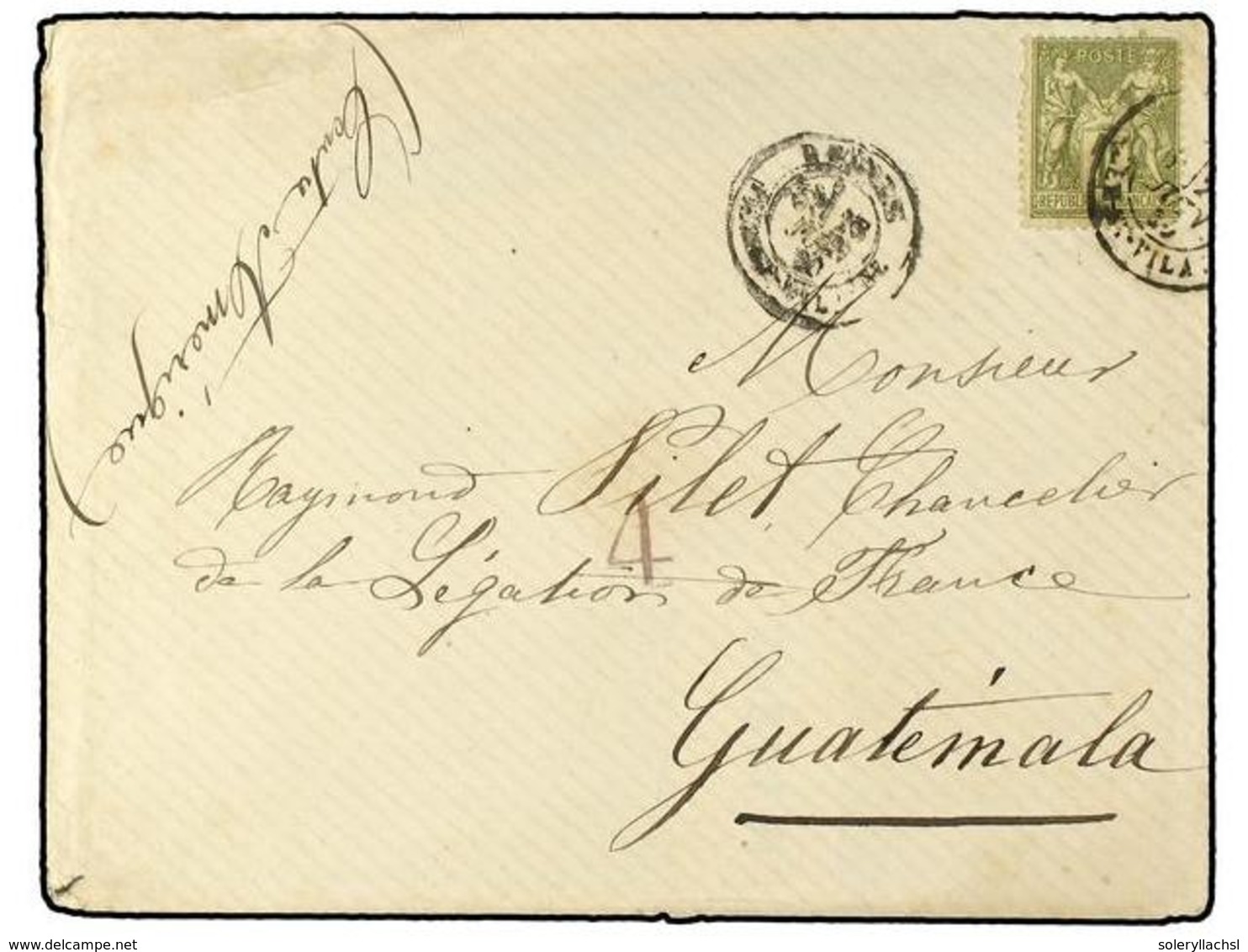 FRANCIA. 1880 (June 2). Cover At 1 Franc Rate To The French Legation In Guatemala Bearing Single 1876 Type Sage 1 Fr. Br - Altri & Non Classificati