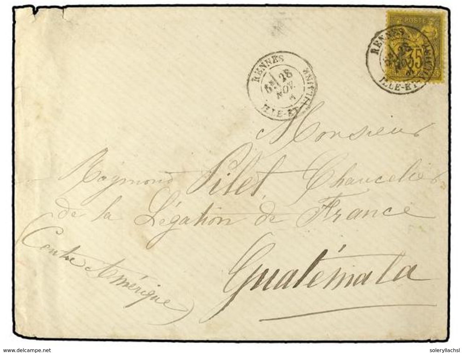 FRANCIA. 1881 (Nov 28). Cover At 'Voie De Mer' 35 C. Rate To The French Legation In Guatemala Bearing Single 1878 Type S - Sonstige & Ohne Zuordnung