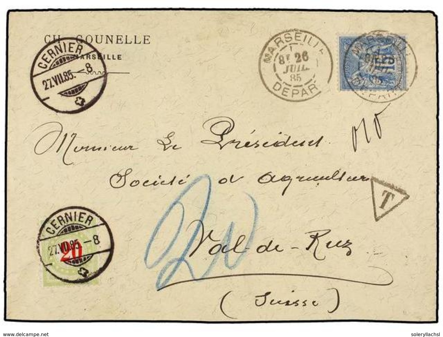 FRANCIA. Yv.90. 1885. MARSEILLE To SWITZERLAND. Envelope Franked With 15 Cts. Blue Stamp, Taxed On Arrival With Swiss 20 - Sonstige & Ohne Zuordnung