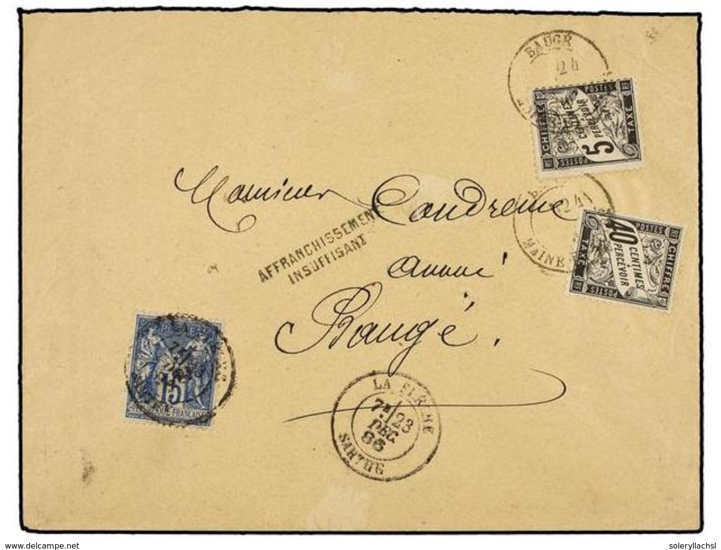 FRANCIA. Yv.90. 1886. LA FLECHE A BAUGE. 15 Cts. Azul Tasada A La Llegada Con Sellos De 5 Cts. Negro Y 40 Cts. Negro (Yv - Sonstige & Ohne Zuordnung