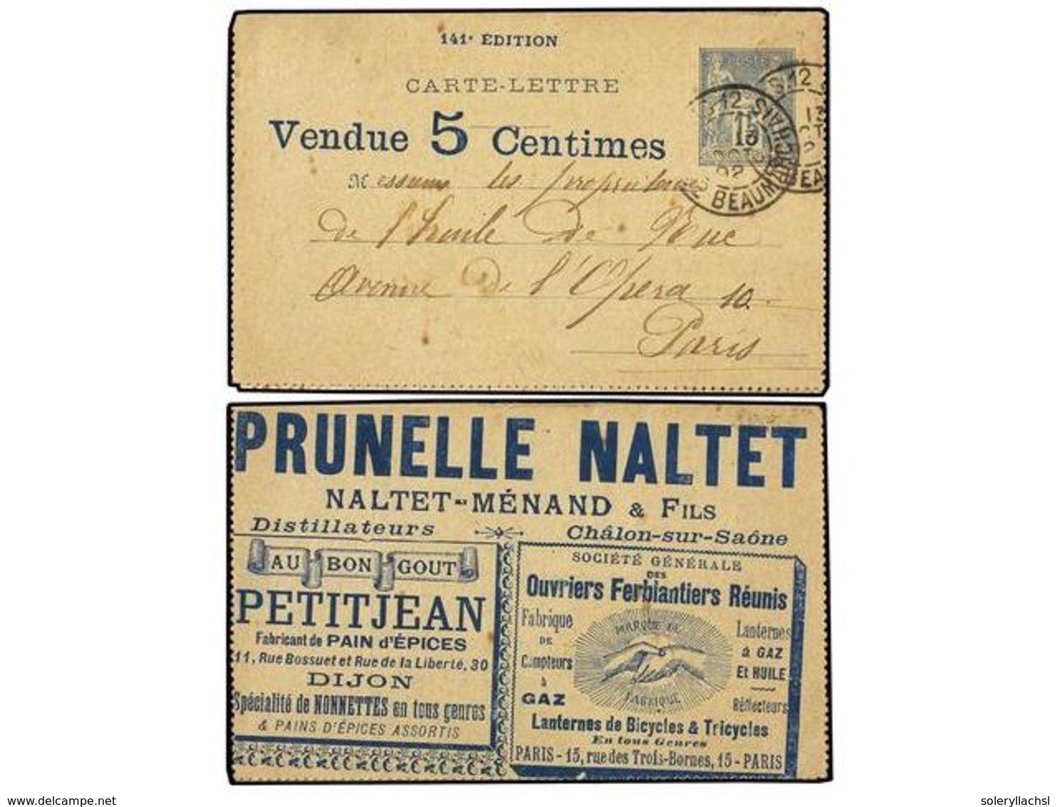 FRANCIA. 1892. PARIS. Entero Postal De 15 Cts. Azul (vendido Por 5 Cts.) Con Publicidad Colectiva En El Interior. - Sonstige & Ohne Zuordnung