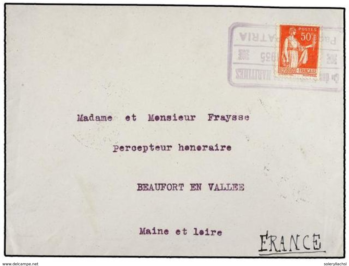 FRANCIA. 1935. ATENAS A FRANCIA. 50 Cts. Rojo, Mat. Rectangular CIA. DES MESSAGERIES MARITIMES/PAQUEBOT:PATRIA. MUY BONI - Altri & Non Classificati