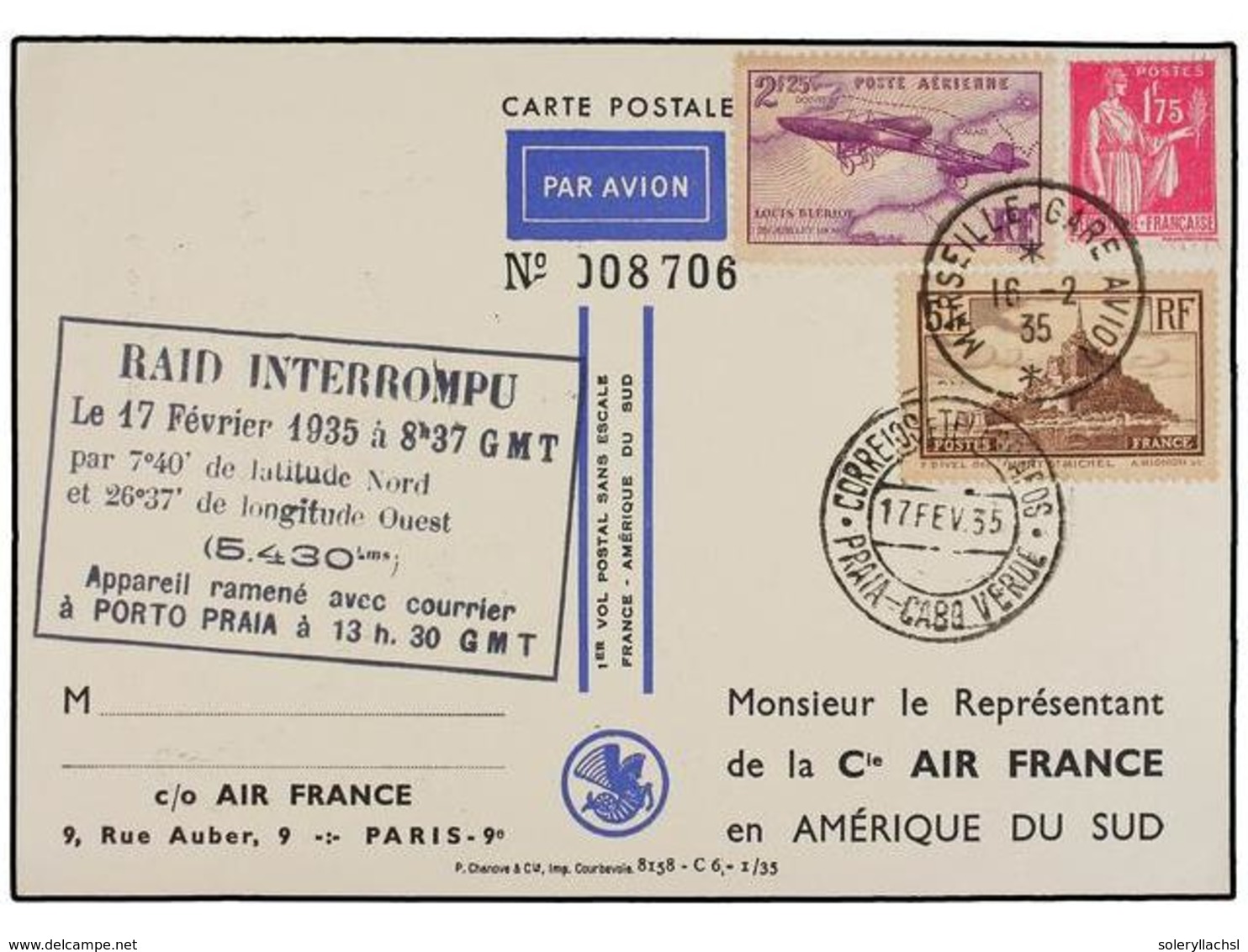 FRANCIA. 1935. MARSEILLE A SUDARMERICA. Tarjeta Postal Del Vuelo, Raid Interrumpido En Cabo Verde Por Avería Del Avión. - Sonstige & Ohne Zuordnung