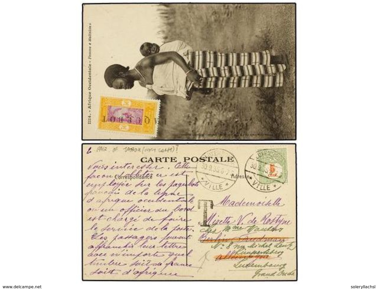 DAHOMEY. 1935. DAHOMEY A LUXEMBURGO. Tarjeta Postal Con Sello De 30 Cts. Mat. Lineal PAQUEBOT. Tasada A La Llegada Con S - Sonstige & Ohne Zuordnung