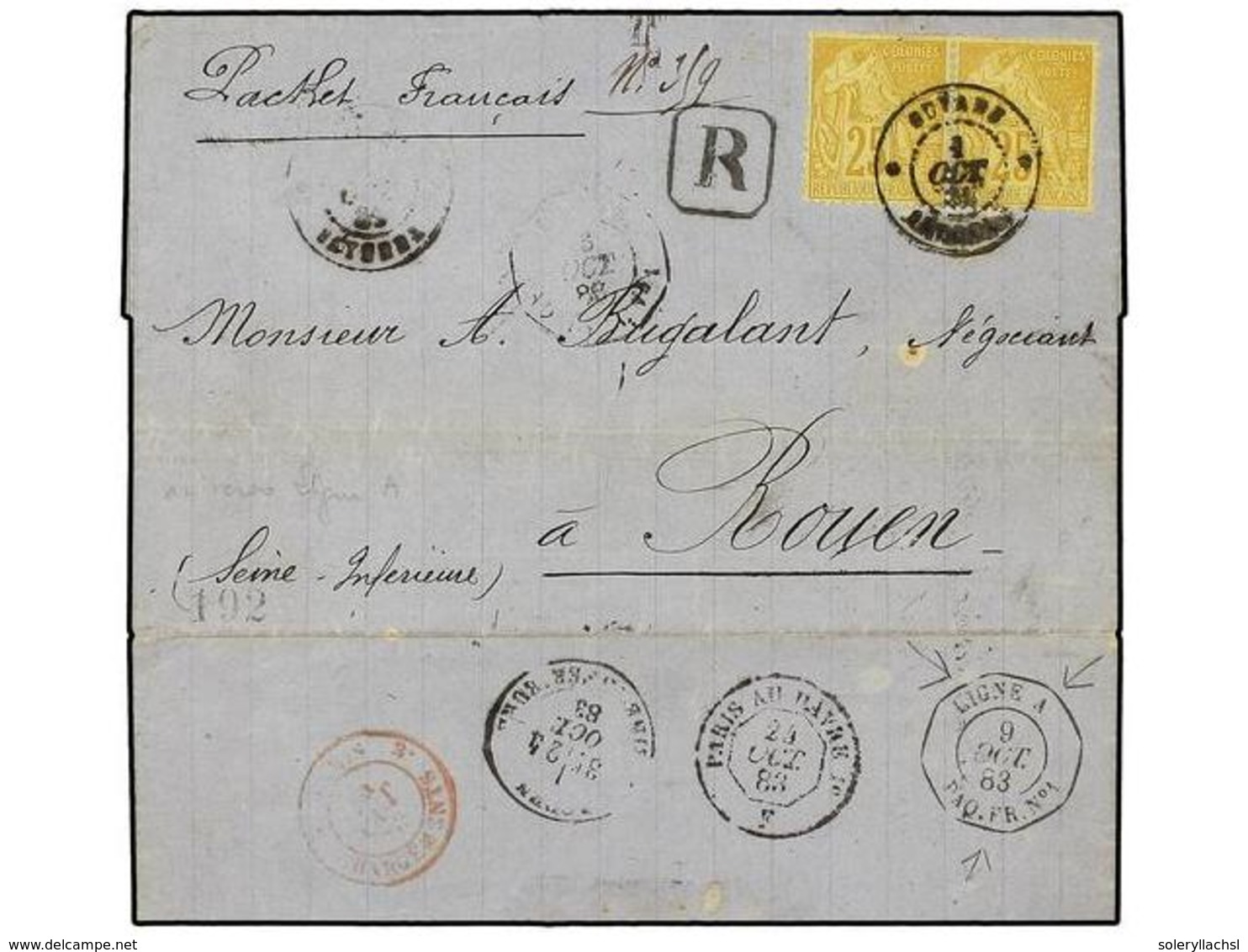 GUAYANA FRANCESA. Ce.53. 1883 (Oct 1). Registered Cover From CAYENNE To ROUEN Franked By Dubois 25c. Bistre On Yellow Pa - Sonstige & Ohne Zuordnung