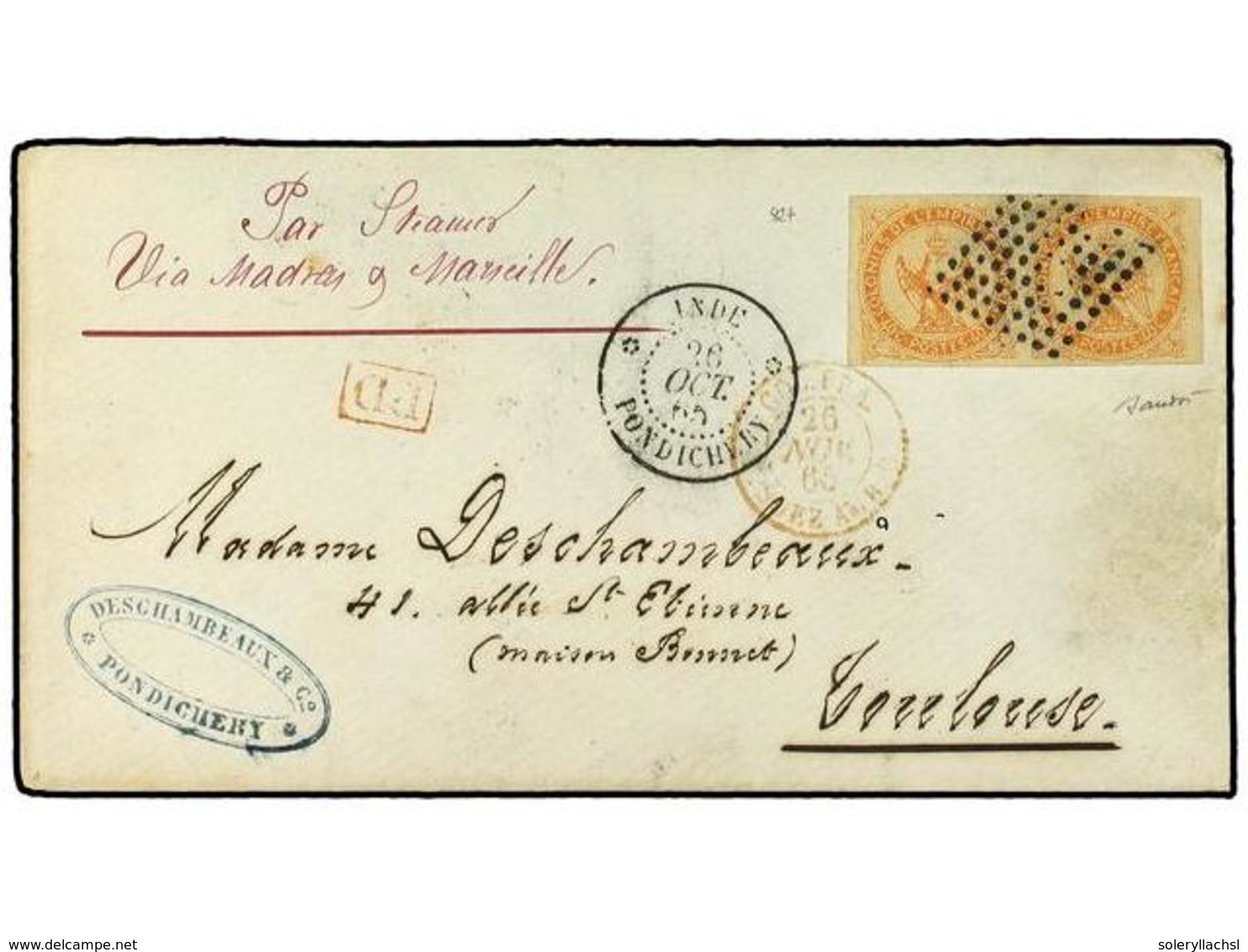 INDIA FRANCESA. 1865 (Oct 26). Cover From Pondichery To Toulouse Franked By 1859-65 40c Orange Pair Cancelled By Black D - Sonstige & Ohne Zuordnung