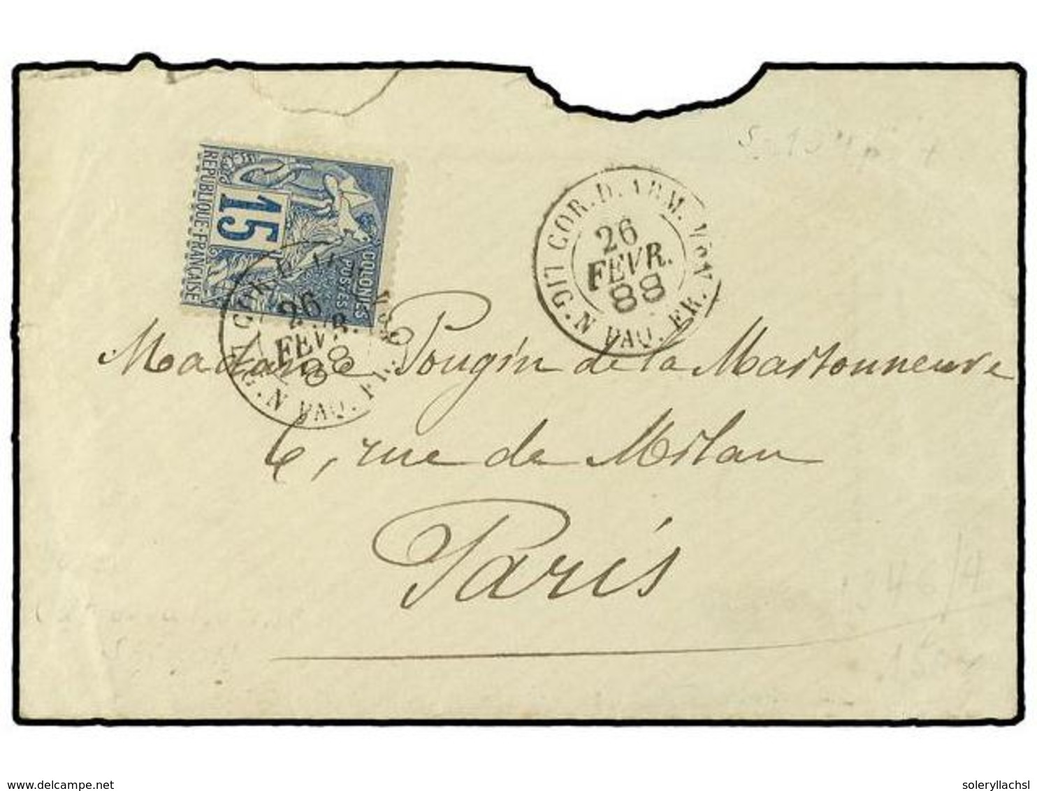 INDOCHINA FRANCESA. 1888. SAIGÓN A FRANCIA. Marca Al Dorso COMANDANT DE MARINE/SAIGON Franqueado Con 15 Cts. Azul. Mat.  - Sonstige & Ohne Zuordnung