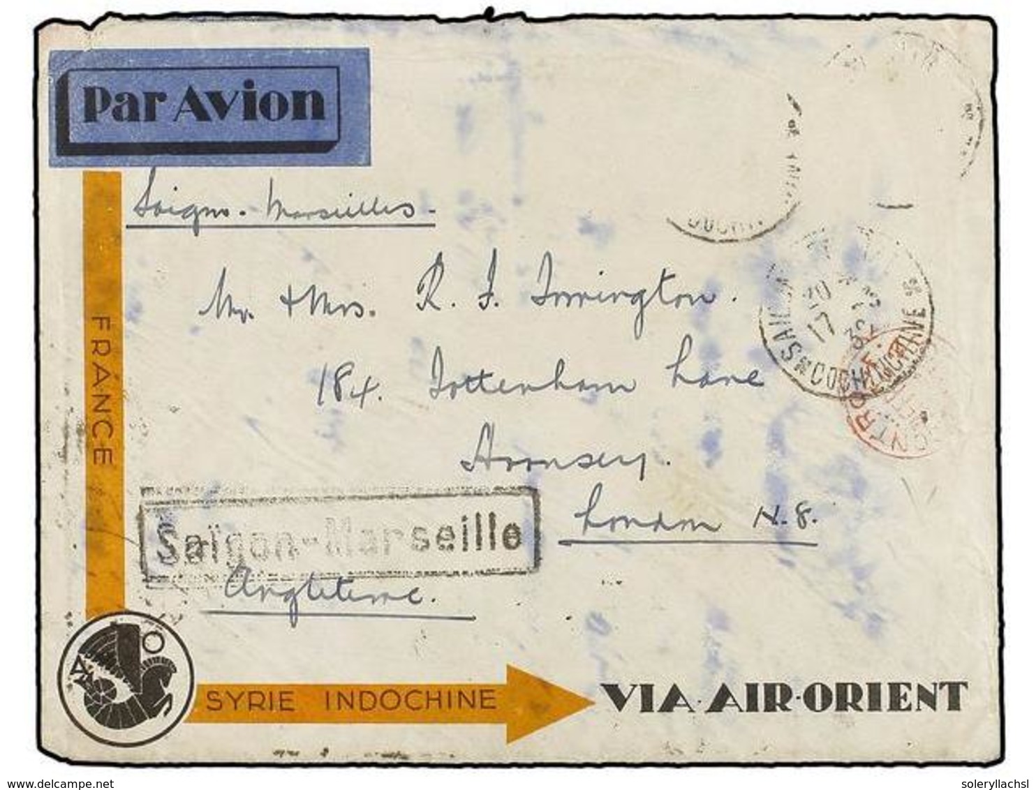 INDOCHINA. 1932. SAIGON To LONDON. CRASH MAIL. Envelope Crashed In Cotrone (Italy) And Stranded On The Beach. Cachet COU - Altri & Non Classificati