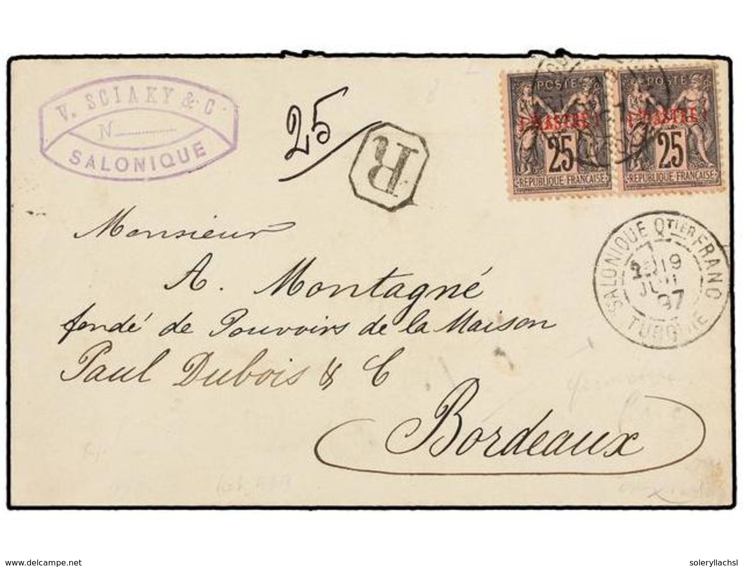 LEVANTE: CORREO FRANCES. 1897. SALONIQUE A FRANCIA. 25 Cts. Negro S. Rosa (2) Mat. SALONIQUE QTIER FRANC/TURQUIE. Carta  - Sonstige & Ohne Zuordnung