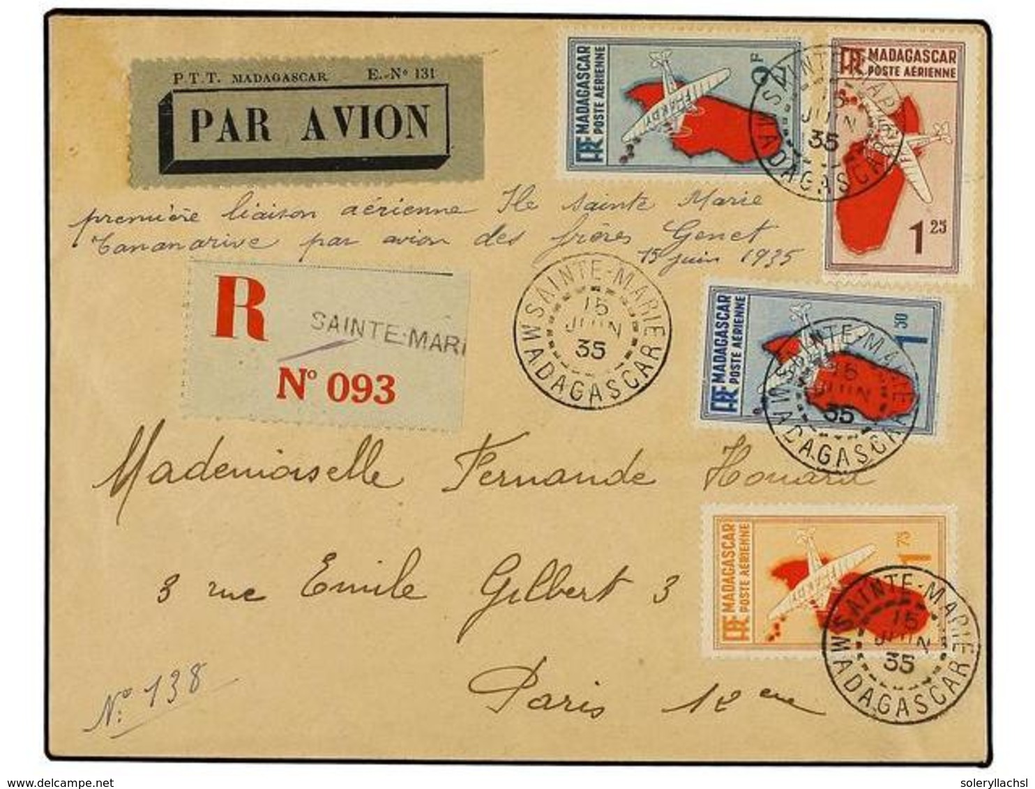 MADAGASCAR. 1935 (15-V). SAINTE MARIE A PARIS. PRIMER Vuelo ISLA DE SAINTE MARIE-TAMANARIVE. Carta Con Franqueo De 1,25, - Altri & Non Classificati