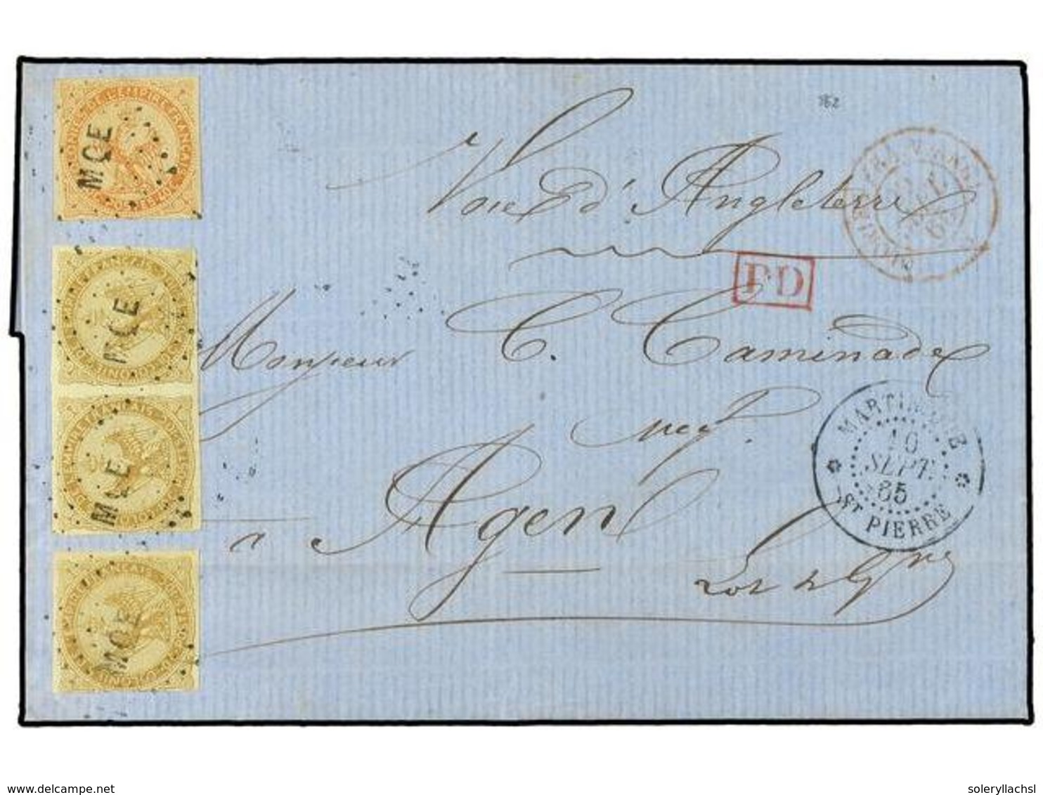 MARTINICA. 1865 (Sept 10). Entire Letter From St. Pierre To Agen Franked By Fine 1859-65 10c Bistre (3, Including A Pair - Sonstige & Ohne Zuordnung