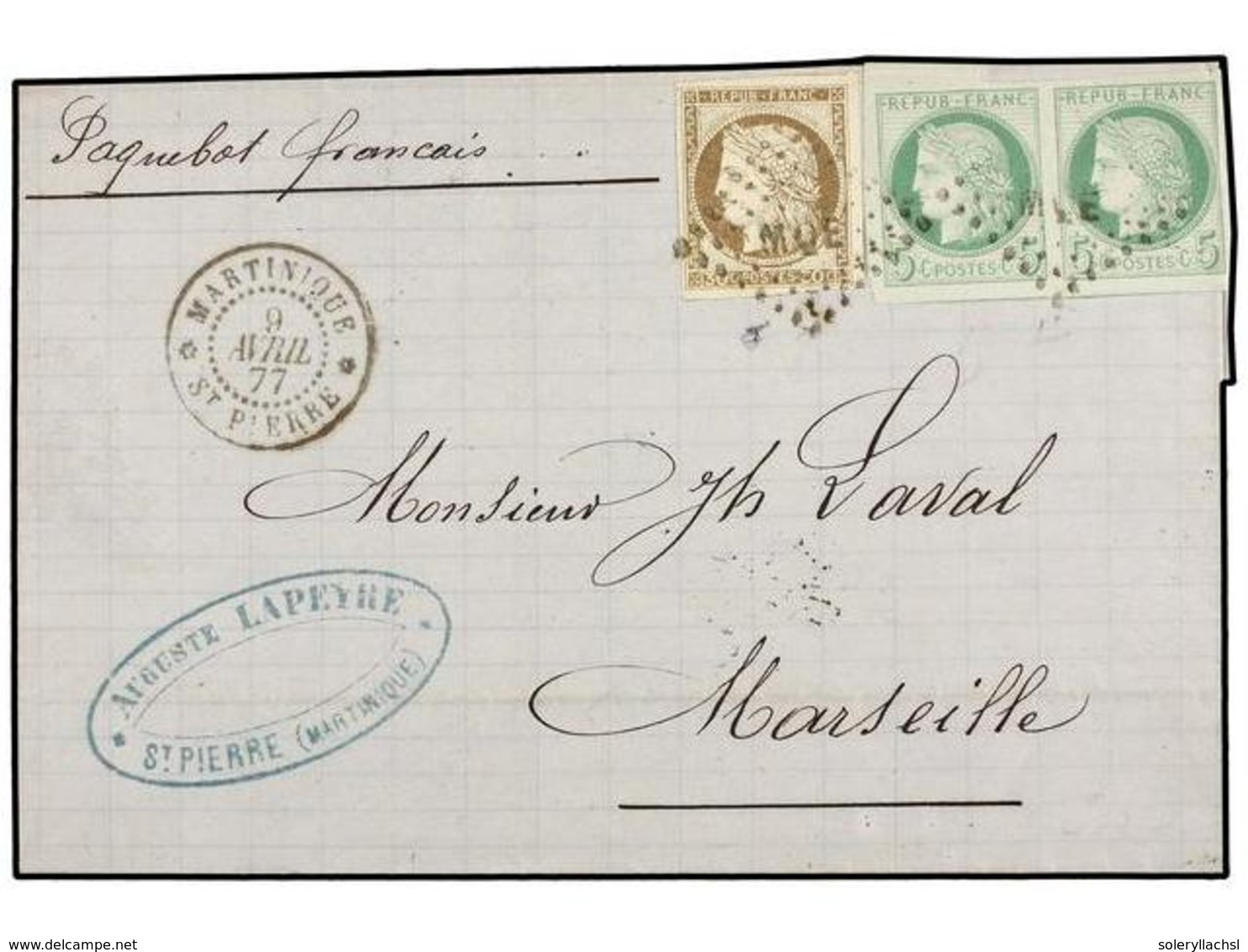 MARTINICA. 1877. ST. PIERRE A FRANCIA. 5 Cts. Verde (2) Y 30 Cts. Castaño, Mat. Parrilla MQE. Márgenes Excepcionales. MA - Sonstige & Ohne Zuordnung