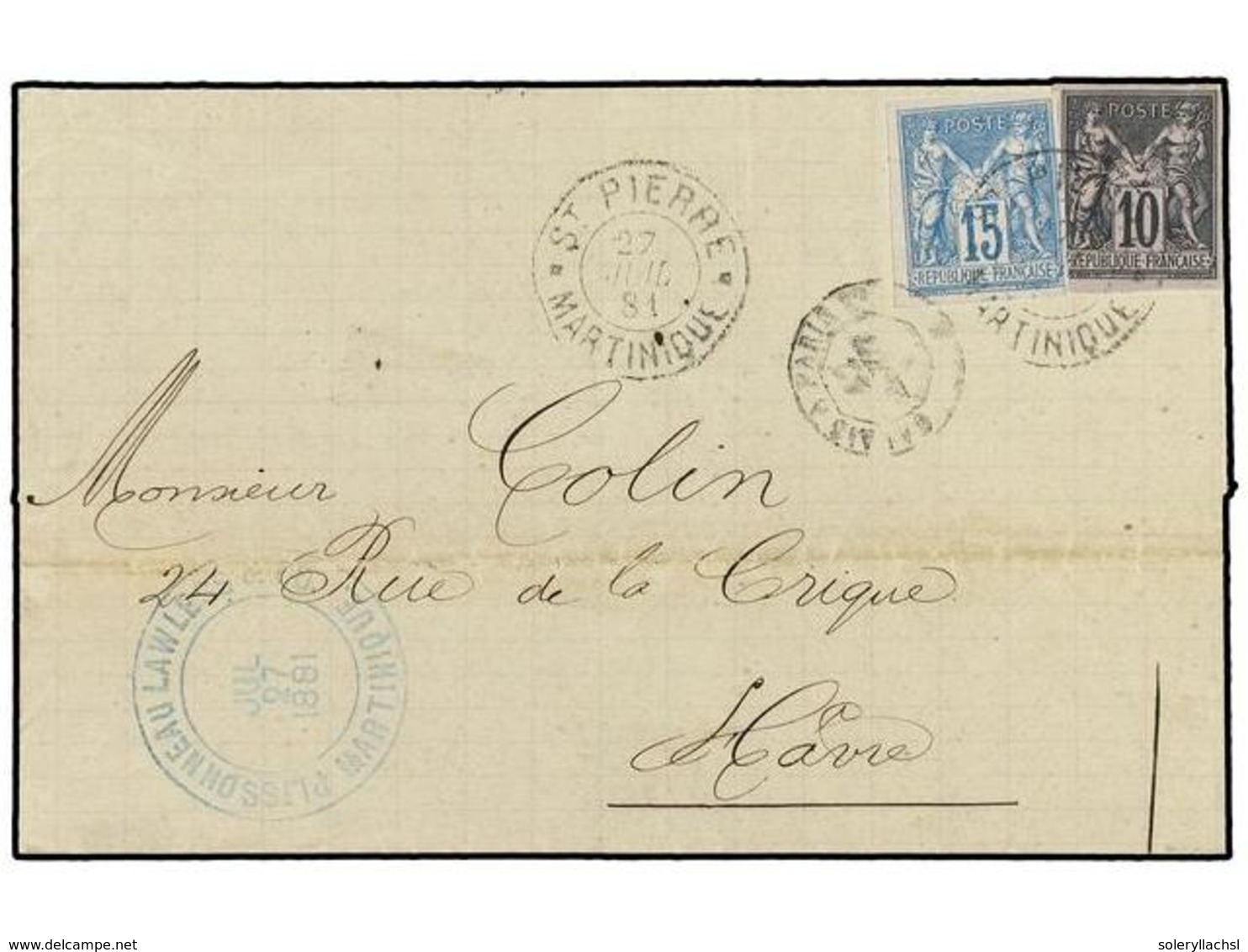 MARTINICA. 1881 (July 27). Cover To LE HAVRE Bearing General Issues 1878-80 Type Sage 10c. Black On Lilac And 15c. Blue  - Sonstige & Ohne Zuordnung