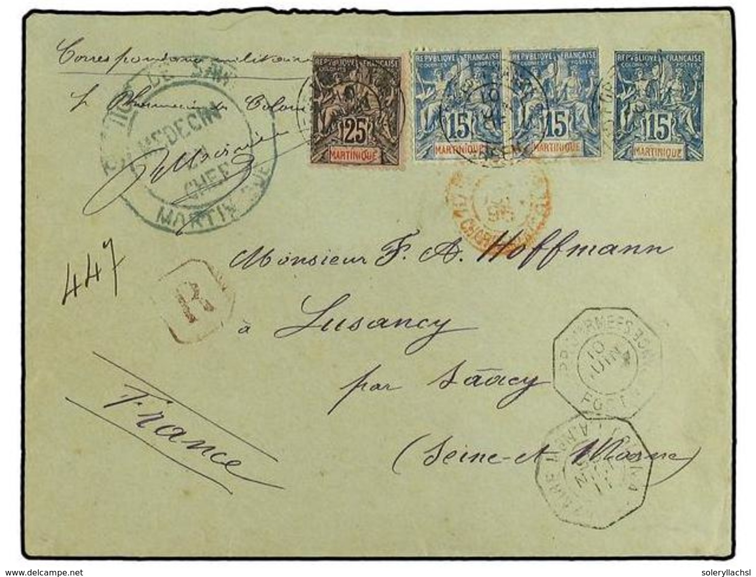 MARTINICA. 1895. Registered Postal Stationary Envelope 15 Cent Blue Upgraded With 15 Cent Blue (pair) (Yvert 36) And 25  - Sonstige & Ohne Zuordnung