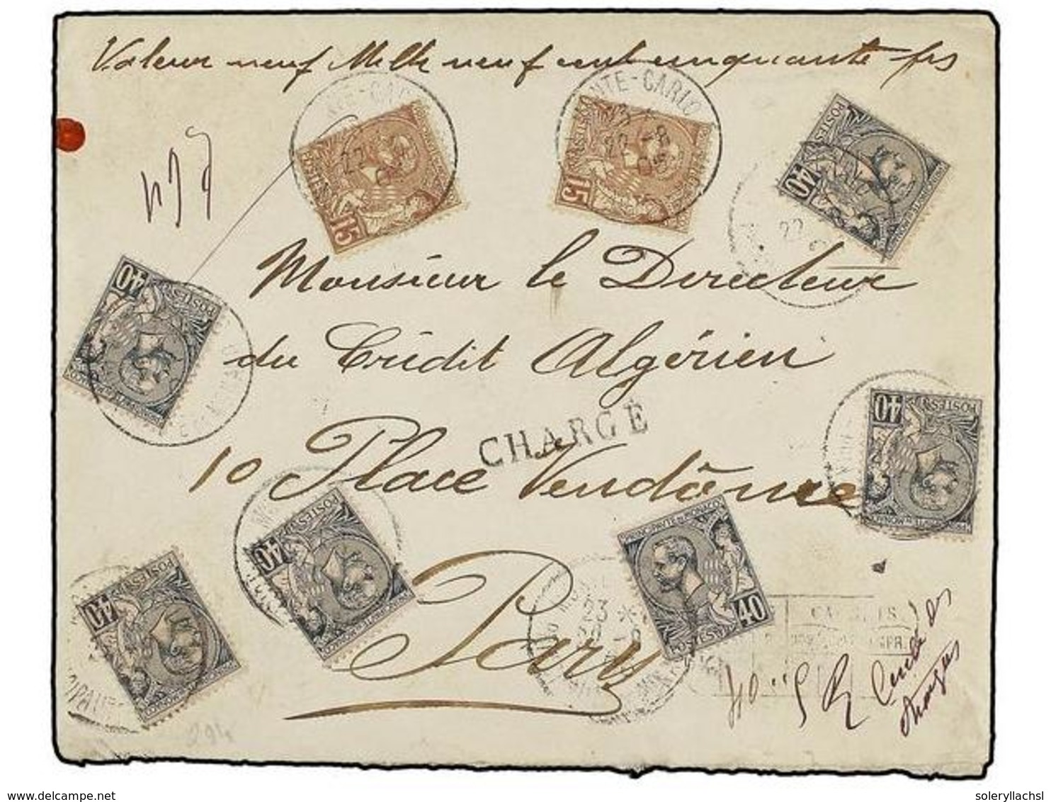 MONACO. 1905. Registered And Charged Envelope To FRANCE Bearing Monaco 40 Cent Grey On Rose (6) (Yvert 17) And 15 Cent P - Sonstige & Ohne Zuordnung