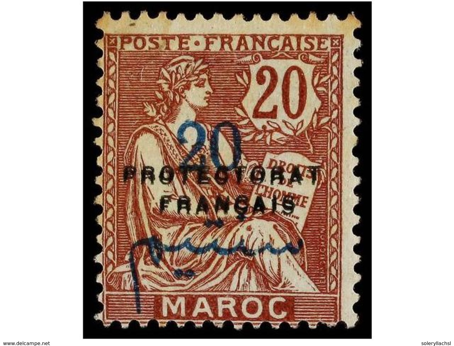 (*) MARRUECOS FRANCES. Yv.43c. 1914-21. 20 Cts. Azul SOBRECARGA DOBLE, Sin Goma. F. J. F. BRUN. Cat. 300€. - Sonstige & Ohne Zuordnung