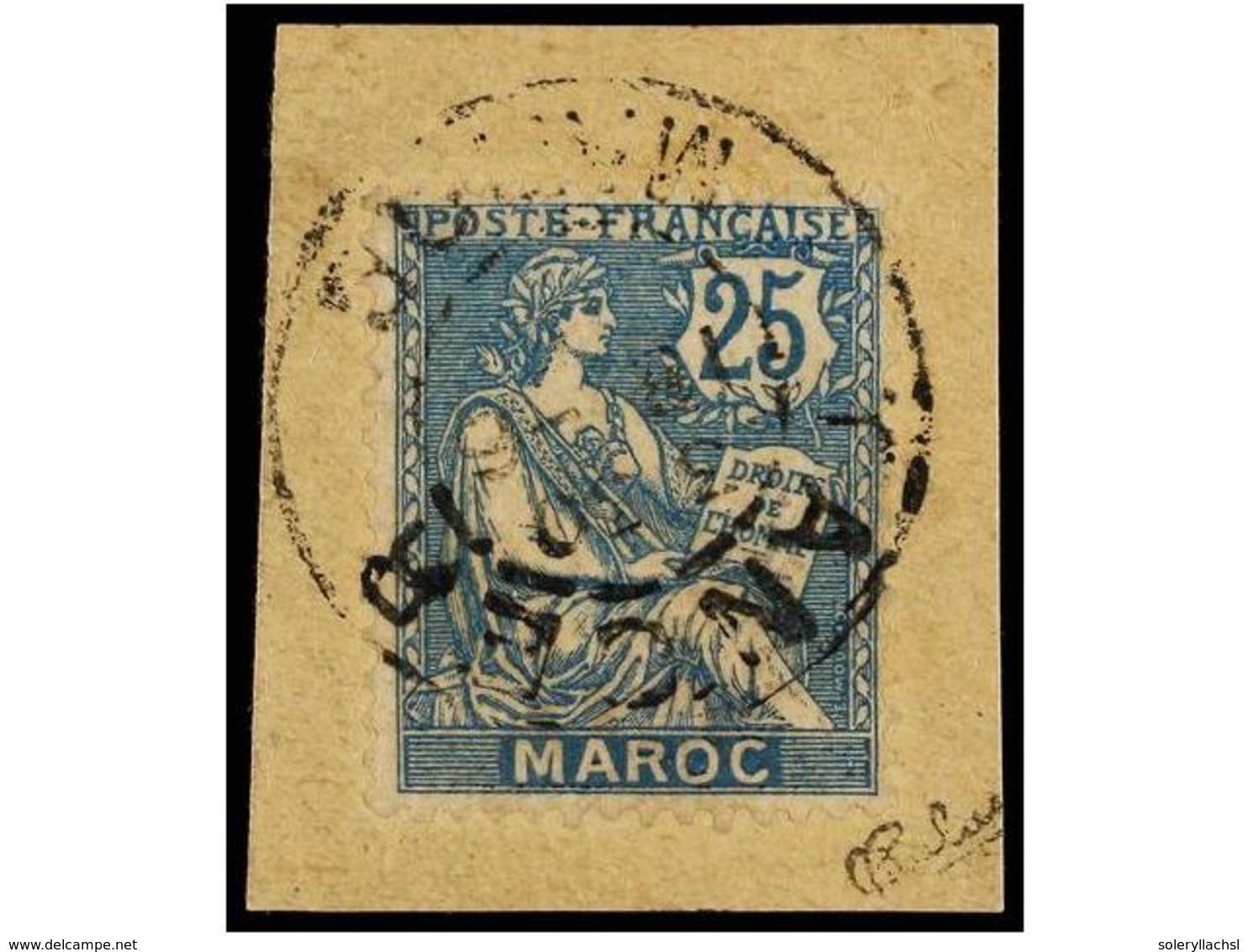 MARRUECOS FRANCES. Yv.89A. 1918. 25 Azul Sobre Pequeño Fragmento SIN LA SOBRECARGA TANGER, Fechador TANGER/MAROC. F. Cal - Sonstige & Ohne Zuordnung