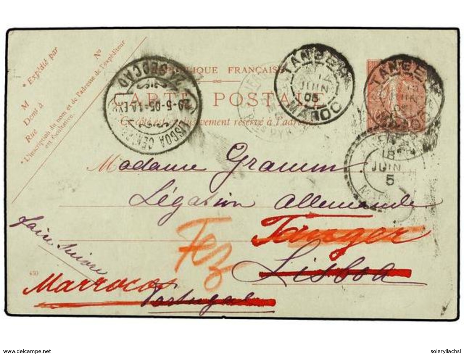 MARRUECOS FRANCES. 1905. Entero Postal Francés De 10 Cts. Rojo Dirigida A Lisboa Y Reexpedida A Tanger Y Fez. INTERESANT - Sonstige & Ohne Zuordnung