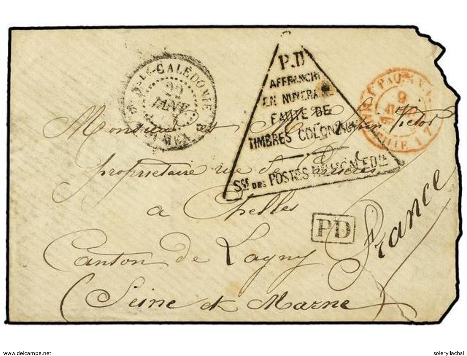 NUEVA CALEDONIA. 1877 (Jan 22). Stampless Cover To FRANCE With NOUMEA Despatch Cds In Black And Large Triangular PD-AFFR - Andere & Zonder Classificatie