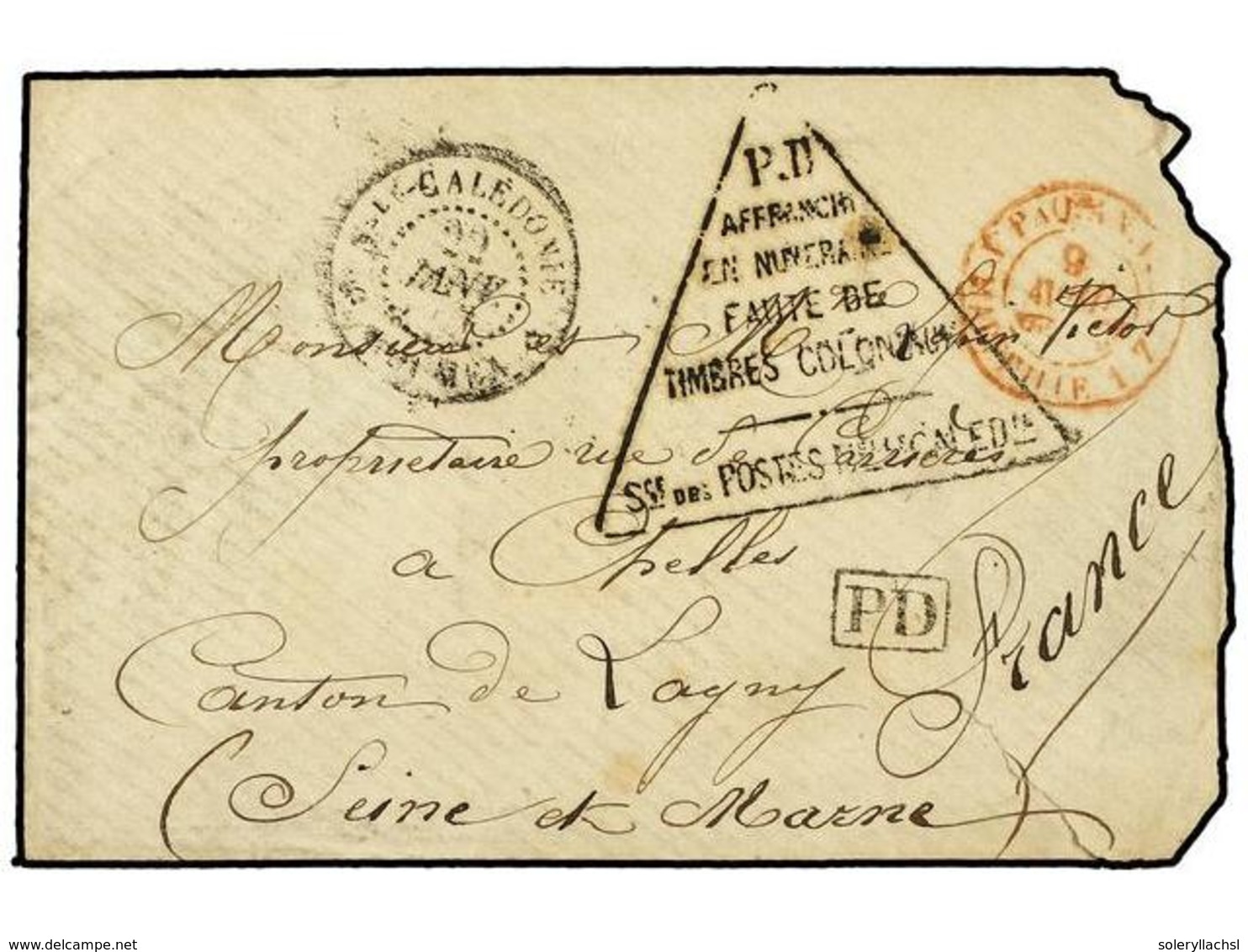 NUEVA CALEDONIA. 1877 (Jan 22). Stampless Cover To FRANCE With NOUMEA Despatch Cds In Black And Large Triangular PD-AFFR - Sonstige & Ohne Zuordnung