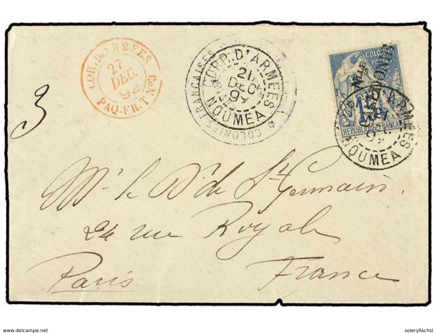 NUEVA CALEDONIA. 1892 (Dec 21). Cover To PARIS Carried At Military Concession Rate Bearing Diagonally Surcharged 1892 Du - Sonstige & Ohne Zuordnung