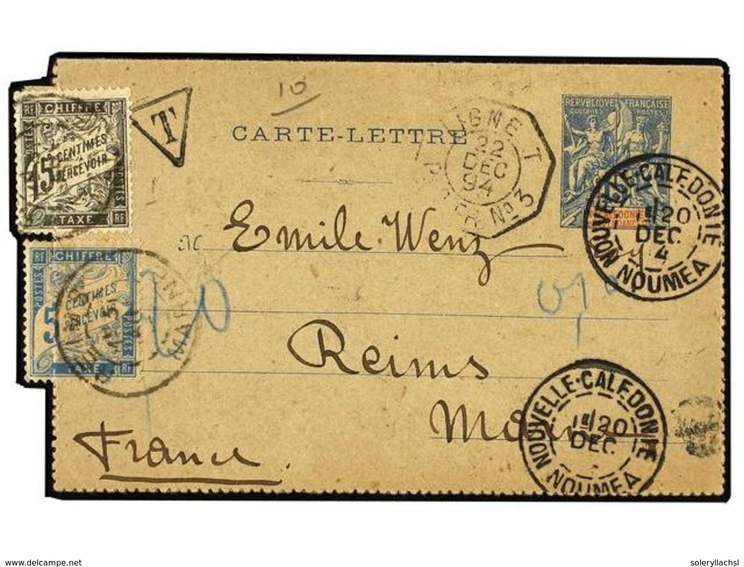 NUEVA CALEDONIA. 1904 (Dec 20). 15c. Blue & Red On Buff Postal Stationery Letter-card, Used Example Mailed From NOUMEA T - Otros & Sin Clasificación