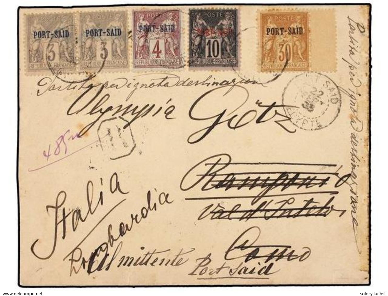 PORT-SAID. Yv.3 (2), 4, 7, 12. 1903. PORT SAID To ITALY. 3 Cts. (2), 4 Cts., 10 Cts. And 30 Cts. Registered Cover, Arriv - Andere & Zonder Classificatie
