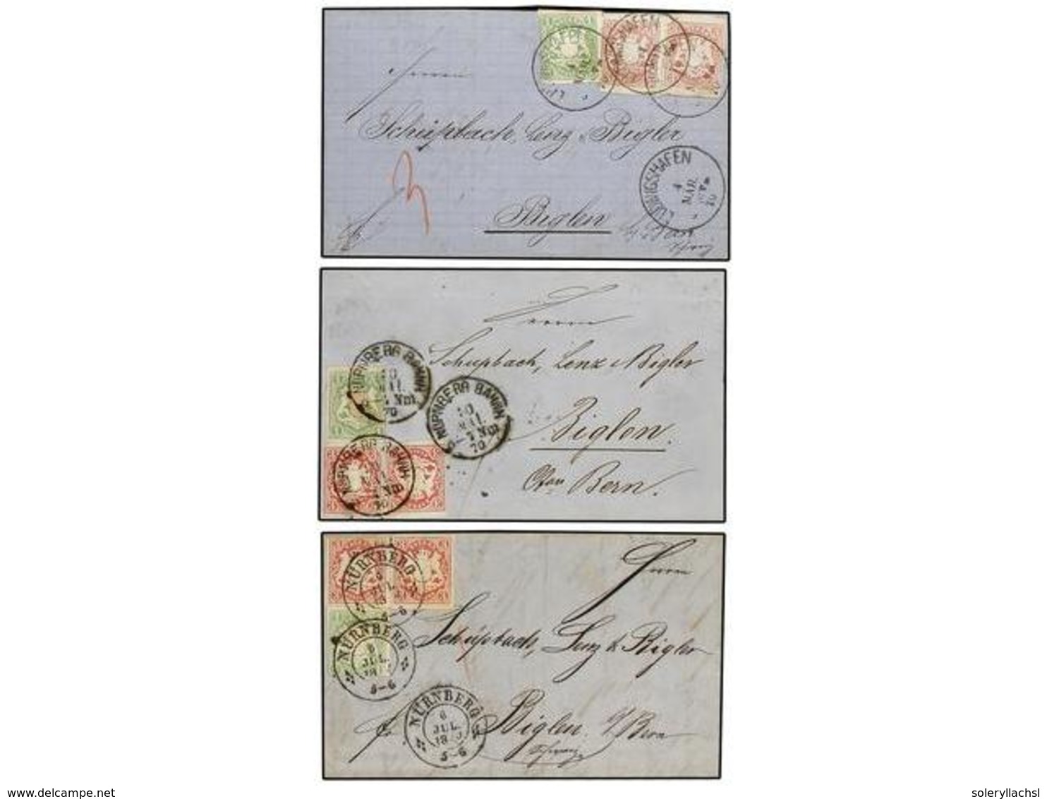 ALEMANIA ANTIGUOS ESTADOS: BAVIERA. 1870. 3 Covers From NURNBERG And LUDWIGSHAFEN To RIGLEN (Switzerland) With 1 Kr. + 3 - Altri & Non Classificati