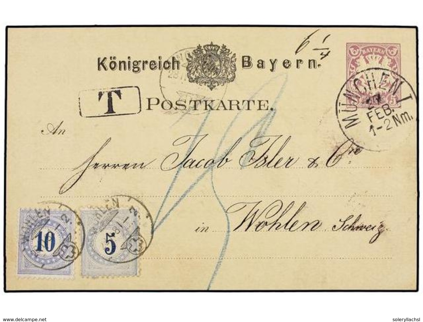 ALEMANIA ANTIGUOS ESTADOS: BAVIERA. 1881. MUNCHEN To WOHLEN (Switzerland). 5 Pf. Lilac Postal Stationary Card Taxed On A - Otros & Sin Clasificación