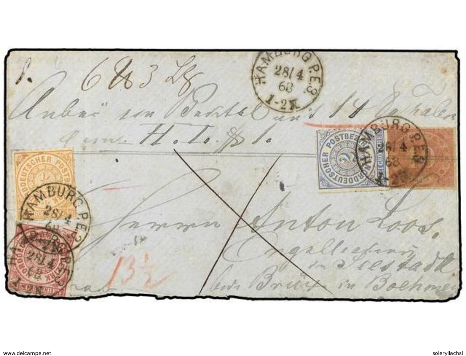 ALEMANIA ANTIGUOS ESTADOS: CONFEDERACION DEL NORTE. 1868 (April 28). Registered Cover From HAMBURG Bearing Four Colour F - Altri & Non Classificati